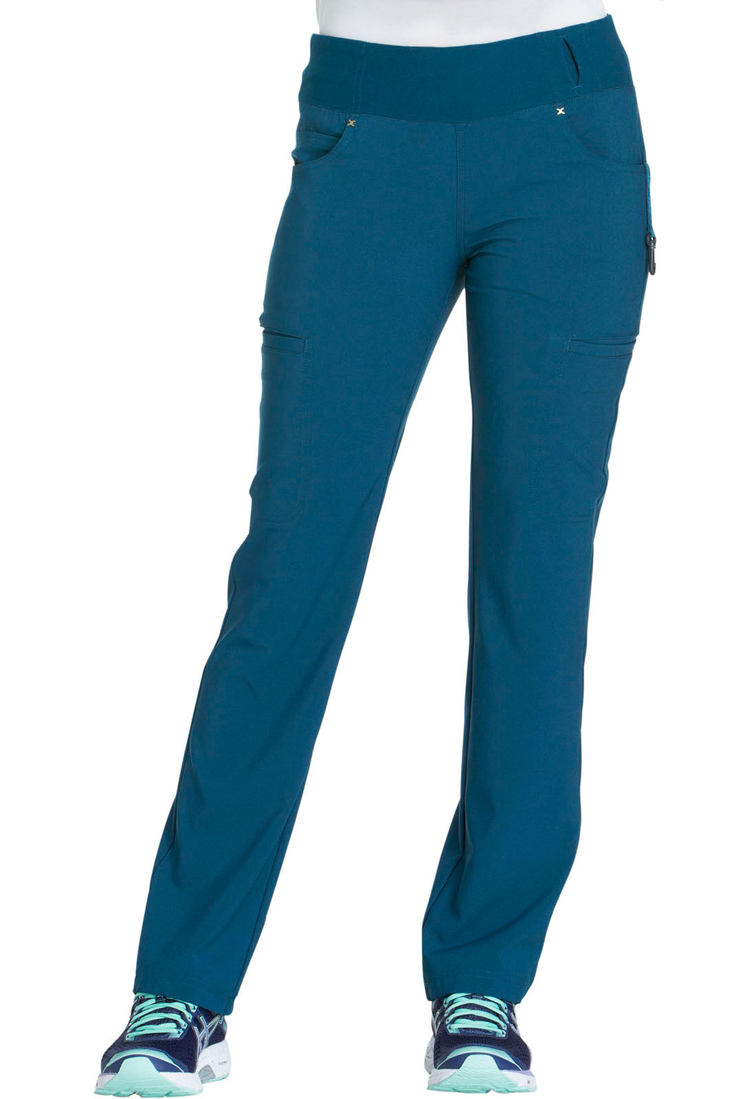 iFlex CK002 Mid Rise Straight Leg Pull-on Pants Caribbean Blue Model Image Front | Cherokee