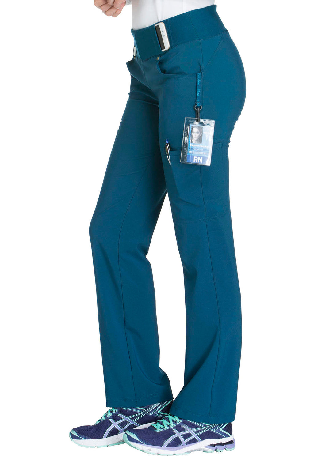 iFlex CK002 Mid Rise Straight Leg Pull-on Pants Caribbean Blue Model Image Right Side | Cherokee