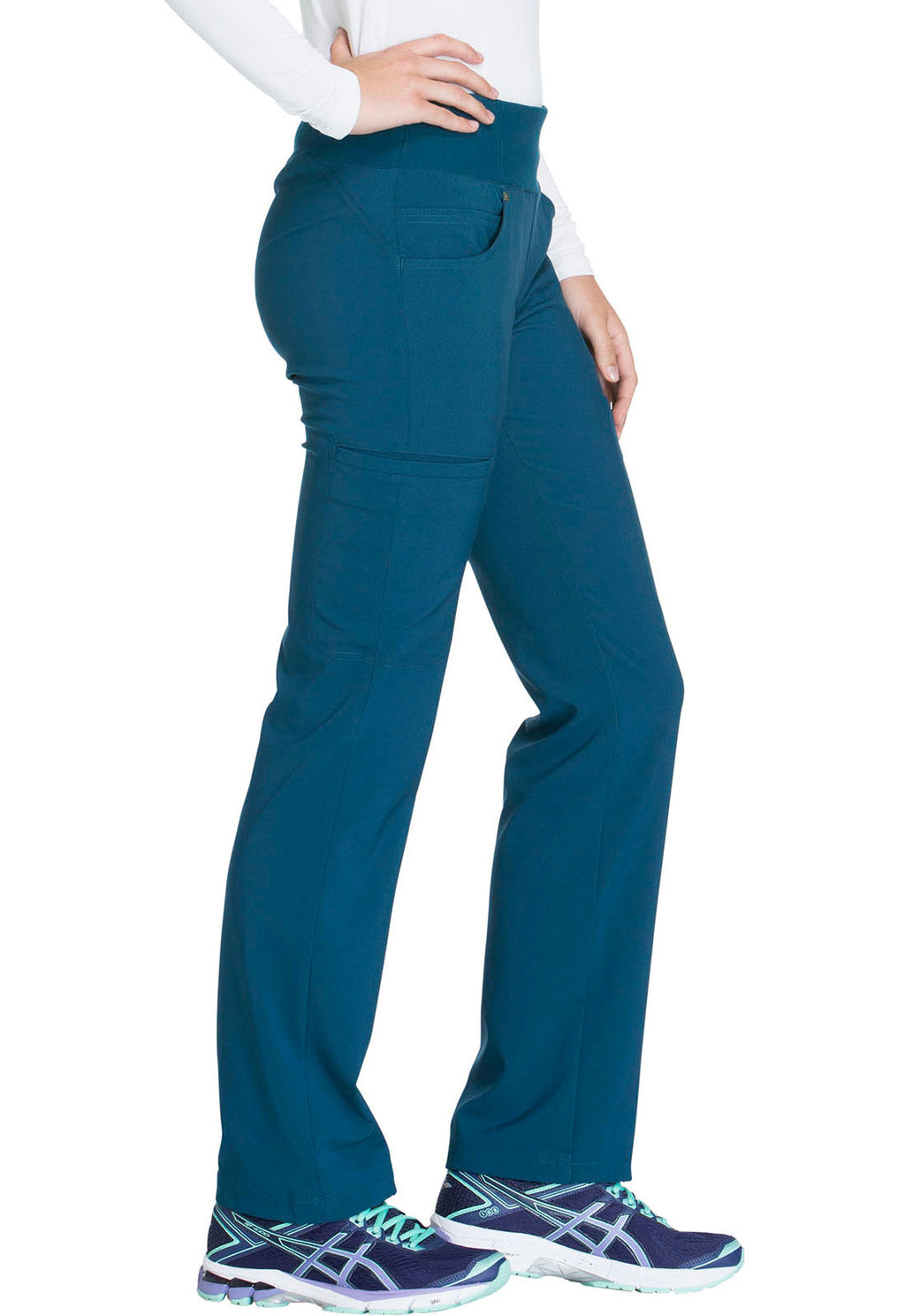 iFlex CK002 Mid Rise Straight Leg Pull-on Pants Caribbean Blue Model Image Left Side | Cherokee