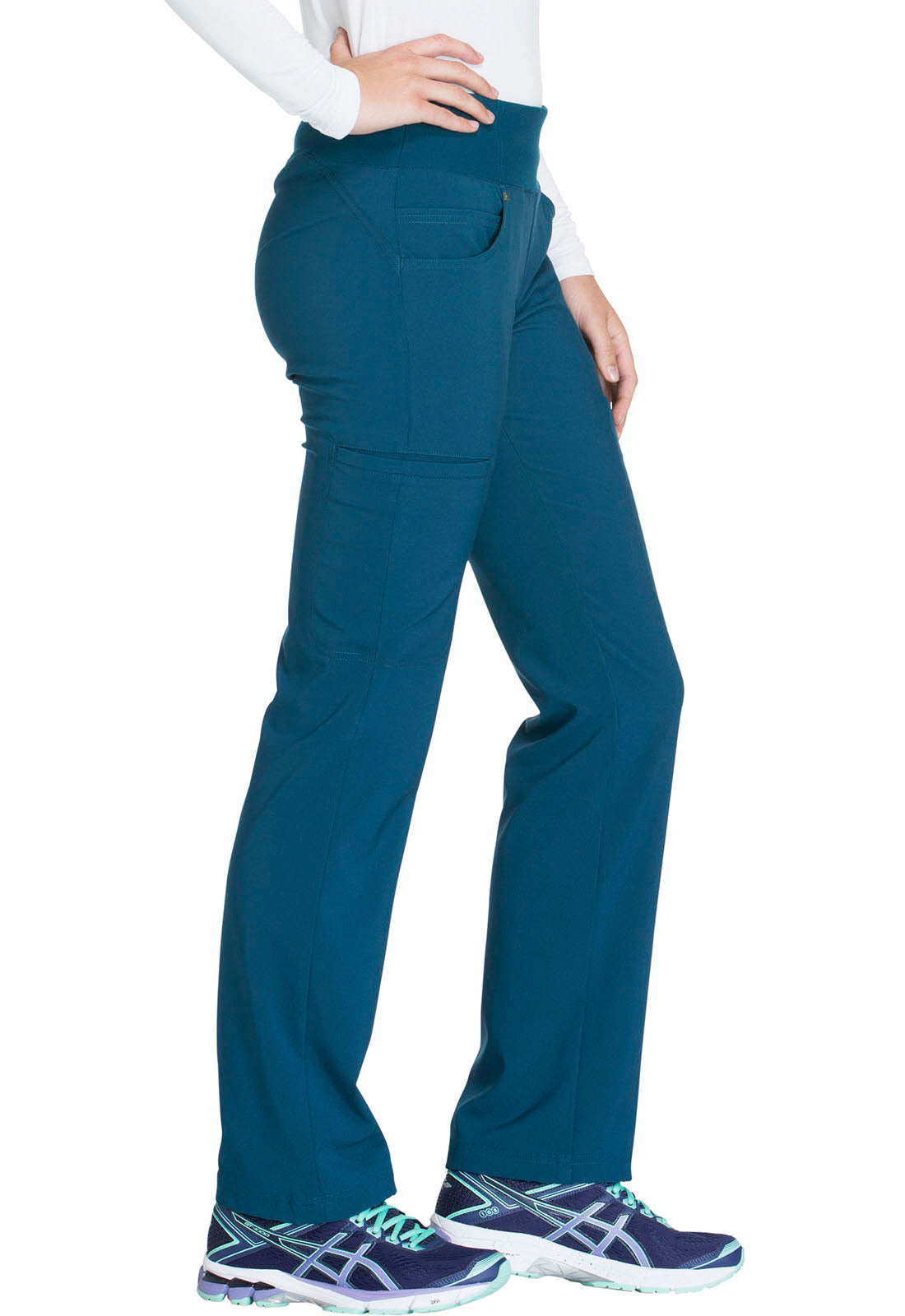 iFlex CK002 Mid Rise Straight Leg Pull-on Pants Caribbean Blue Model Image Left Side | Cherokee