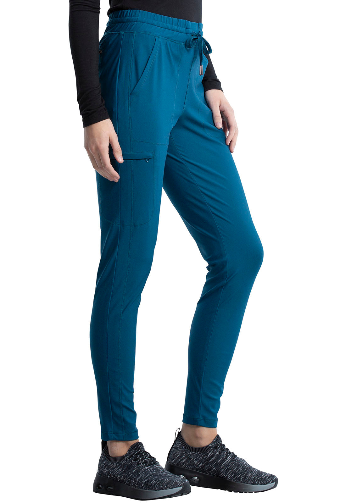 Form CK095 Mid Rise Tapered Leg Drawstring Pants Caribbean Blue Model Image Left Side | Cherokee