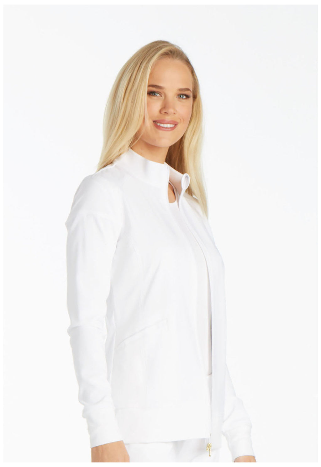 iFlex CK303 Zip Front Jacket White Model Image Left Side | Cherokee