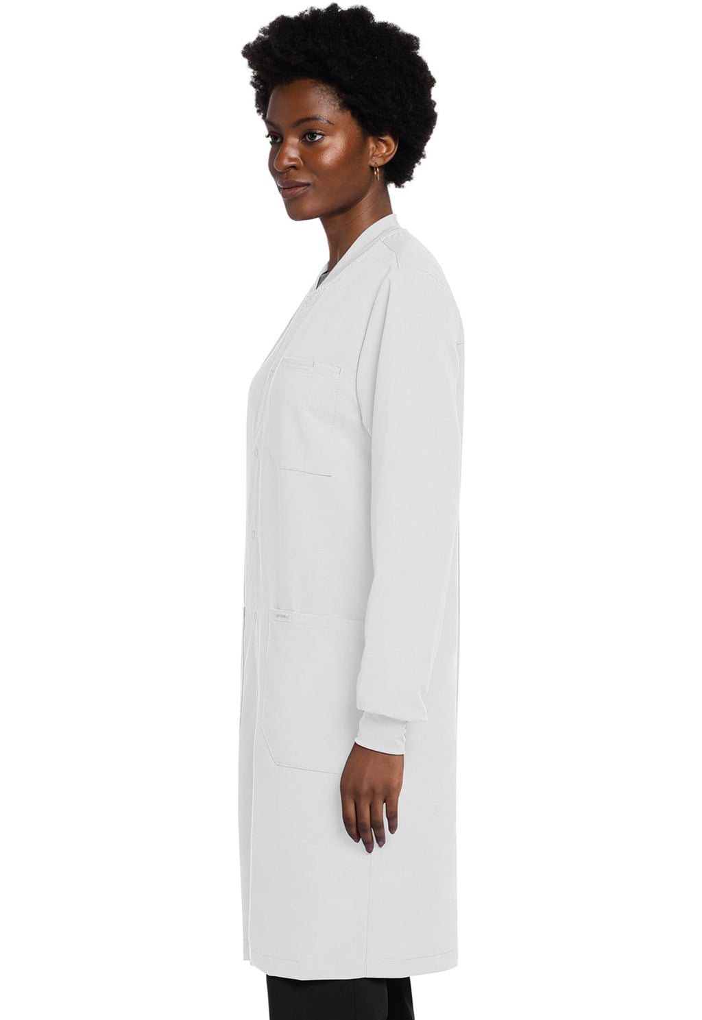 Project Lab by Cherokee CK402A 40" Snap Front Lab Coat White Model Image Right Side | Cherokee