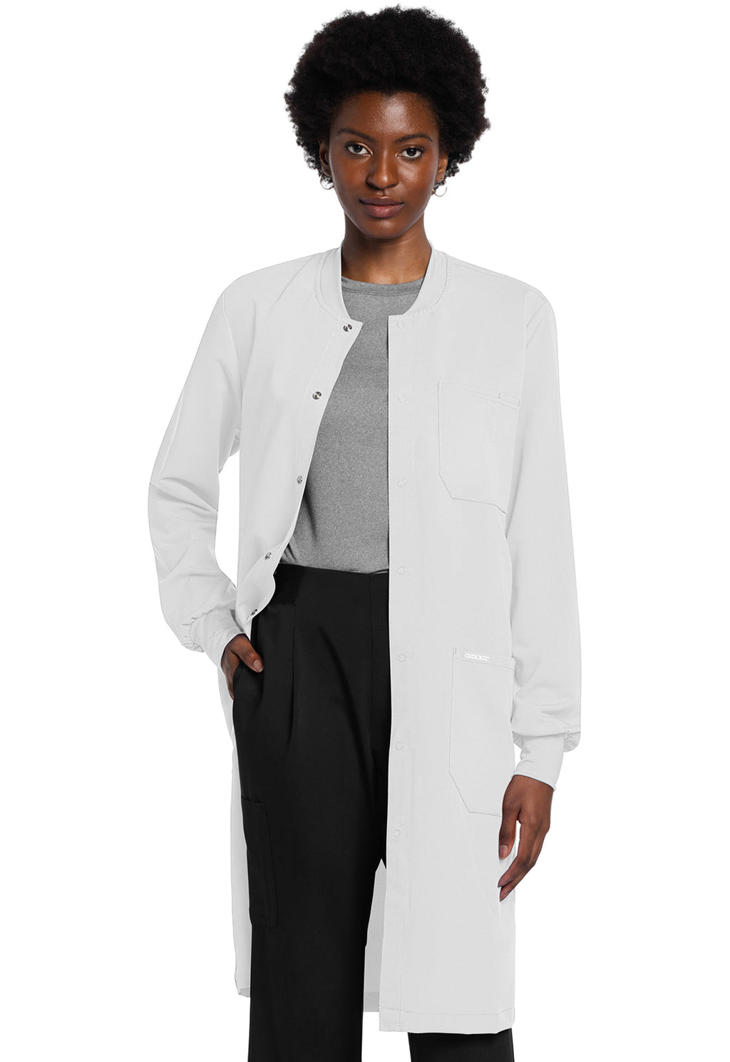 Project Lab by Cherokee CK402A 40" Snap Front Lab Coat White Model Image Left Side | Cherokee