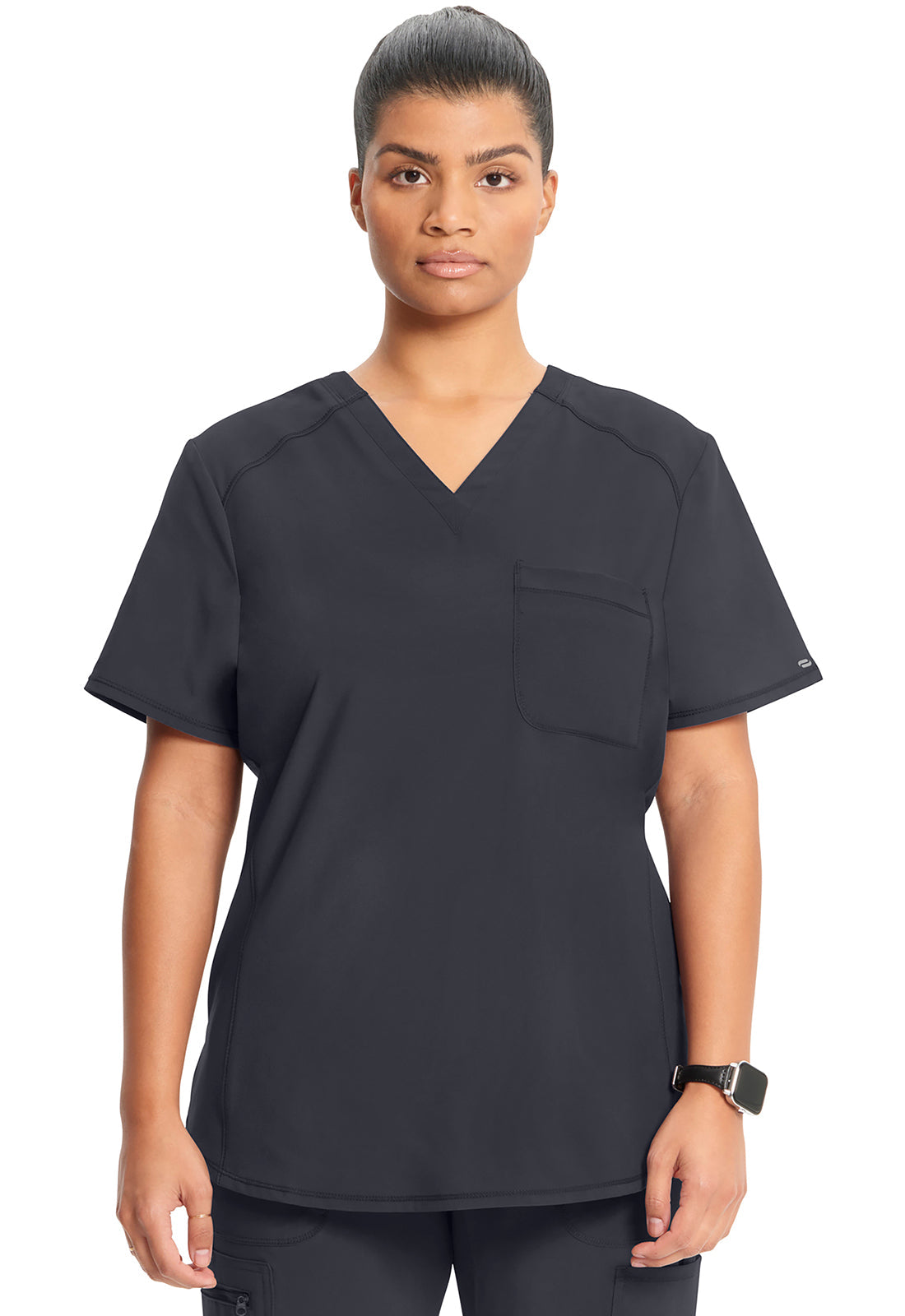 Classics CK687A Tuckable V-Neck Top Pewter Model Image Front | Infinity