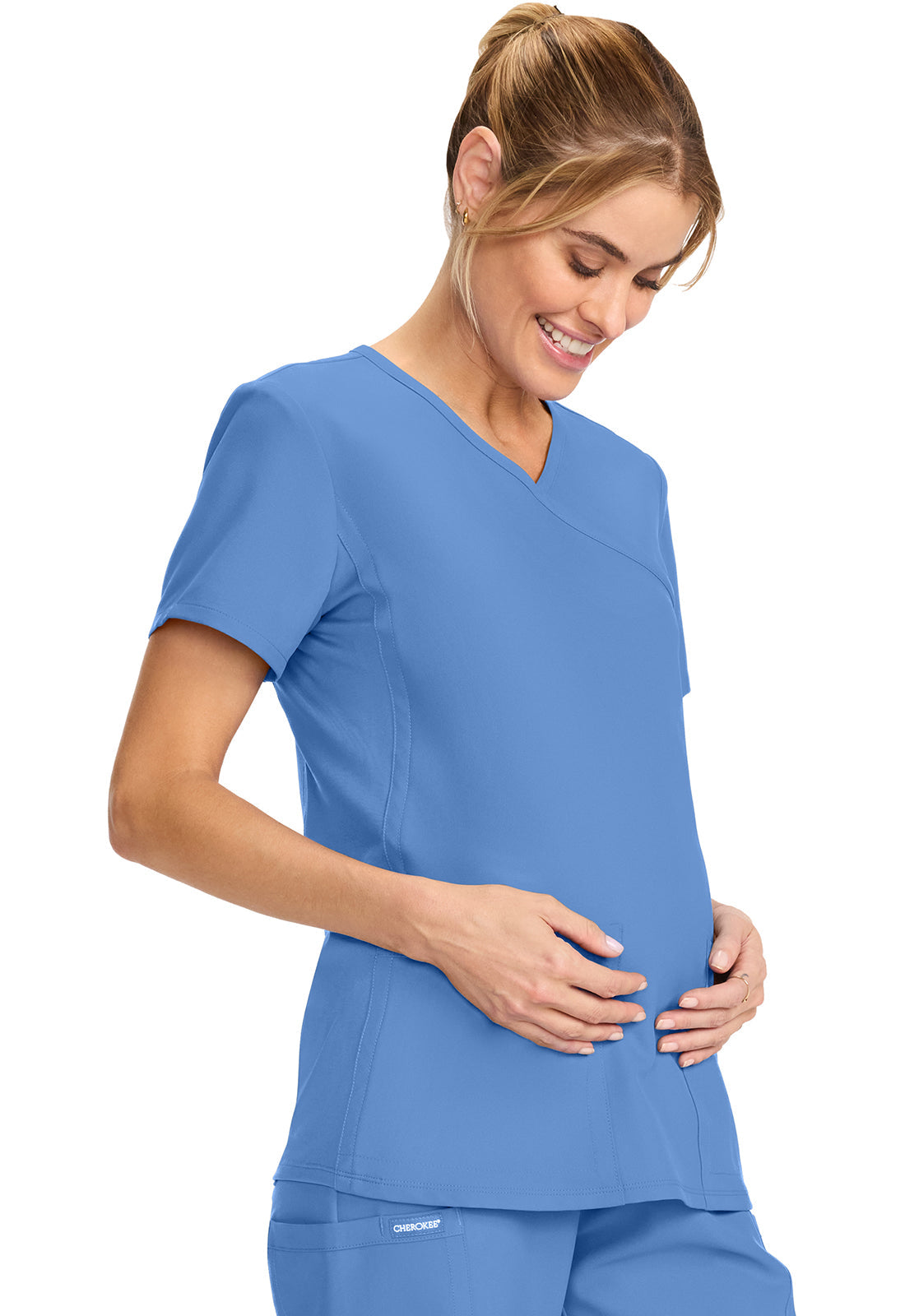 Workwear Originals Ultra CK701A Women's Maternity Mock Wrap V-Neck Scrub Top Ciel Blue