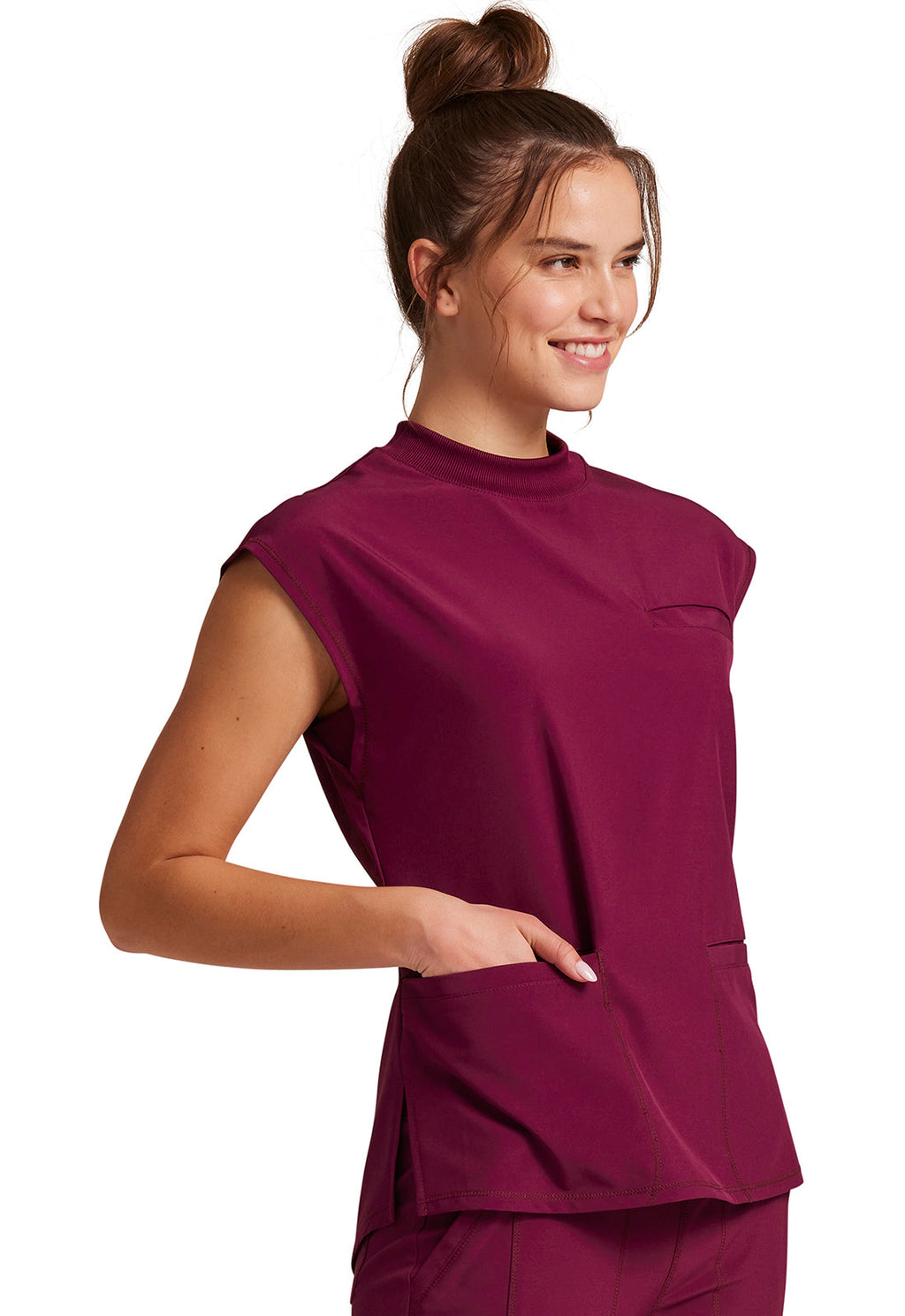 Classics CK742A Mock Neck Top Wine Model Image Left Side | Infinity