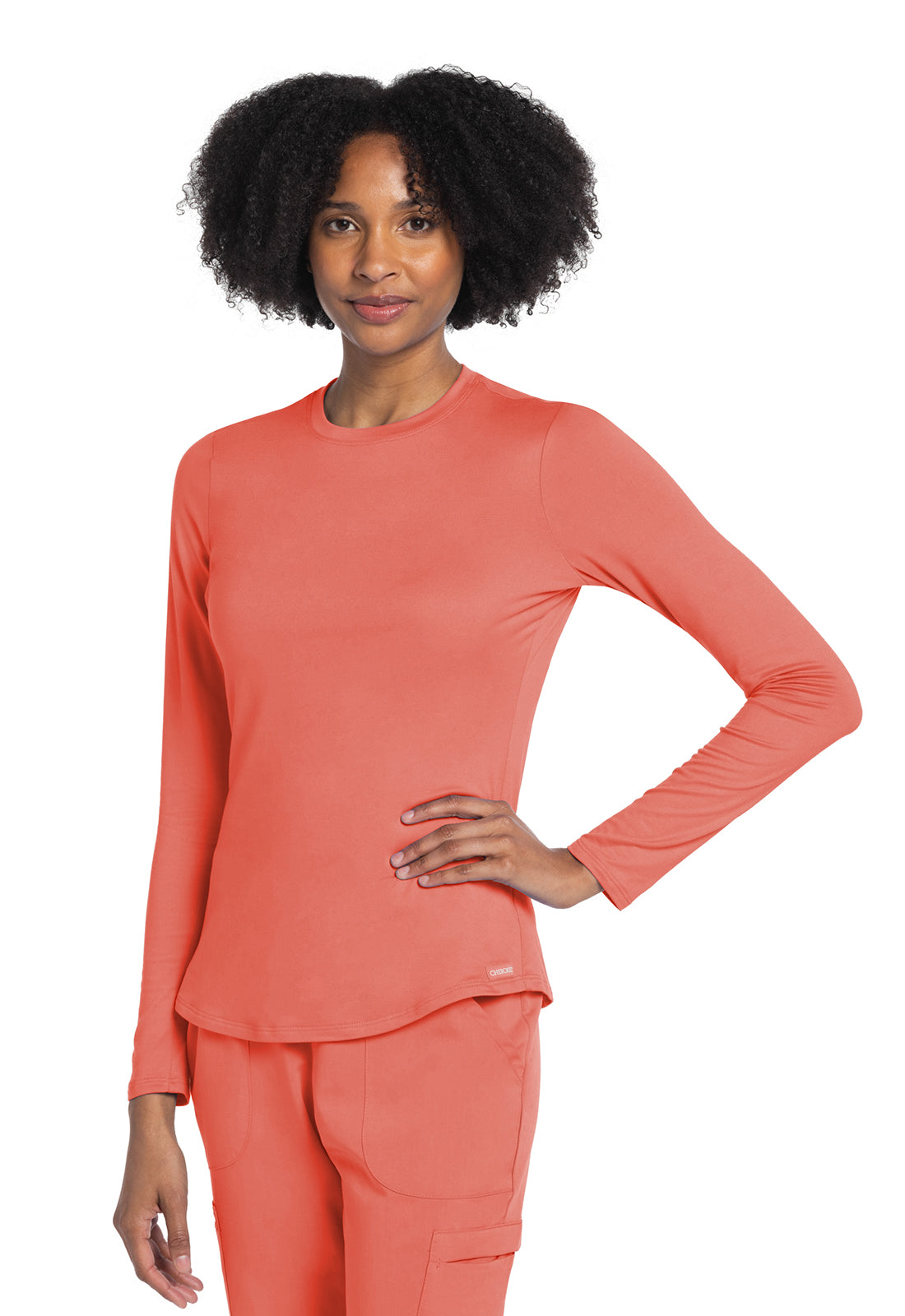 Basics CK773 Women's Long Sleeve Underscrub Knit Tee Coral Rush