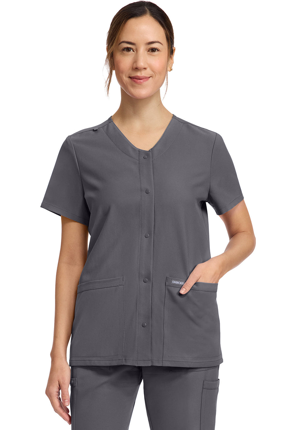 Workwear Originals Ultra CK844A Women's 2-Pocket Snap-Front Scrub Top Pewter