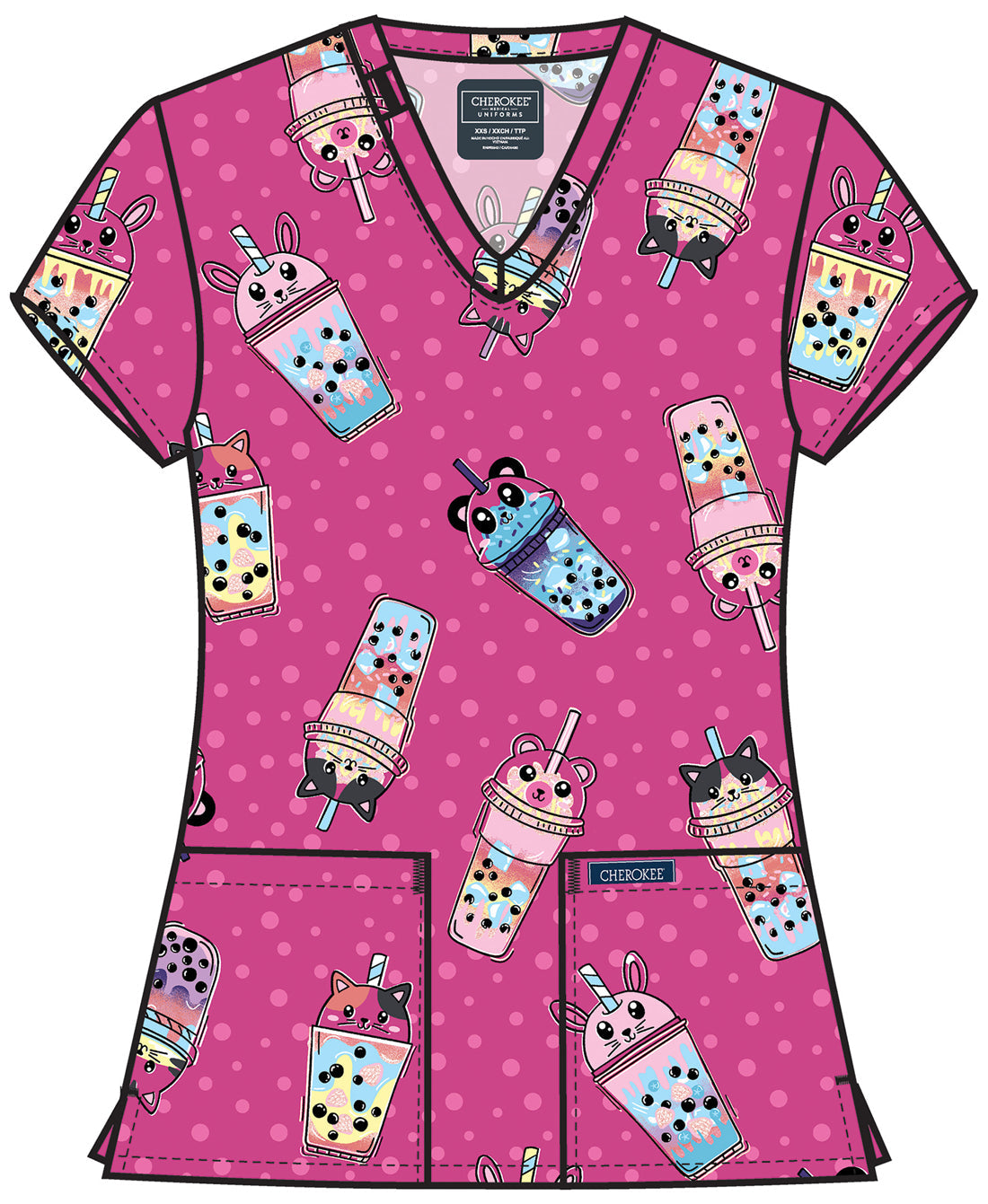Genuine CK856 Women's Women's Print V-Neck Scrub Top Boba Party