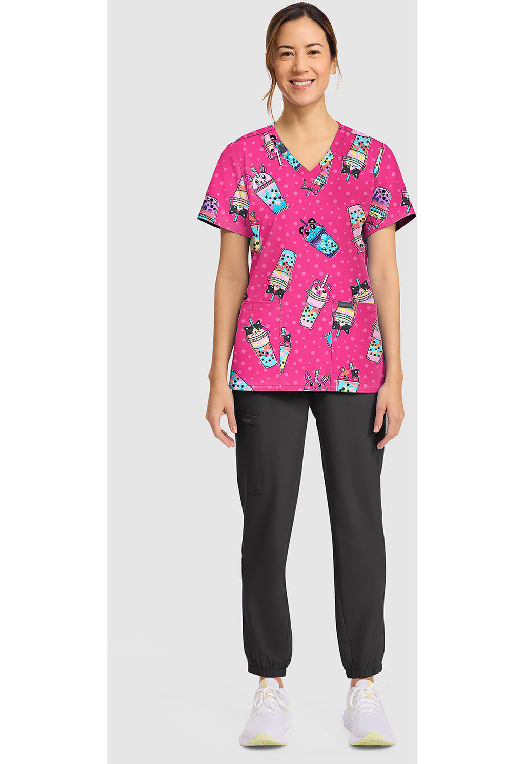 Genuine CK856 Women's Women's Print V-Neck Scrub Top Boba Party