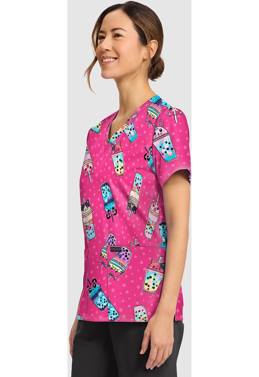 Genuine CK856 Women's Women's Print V-Neck Scrub Top Boba Party