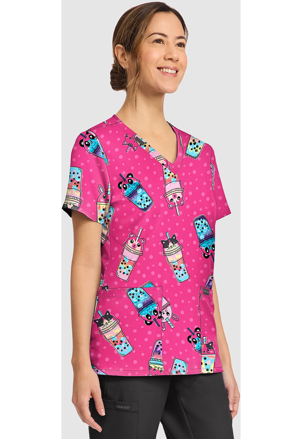 Genuine CK856 Women's Women's Print V-Neck Scrub Top Boba Party