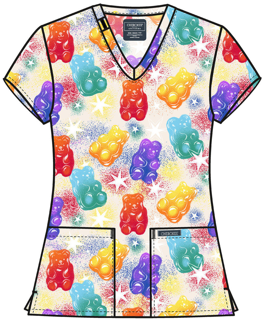 Genuine CK856 Women's Print V-Neck Scrub Top Beary Rainbow