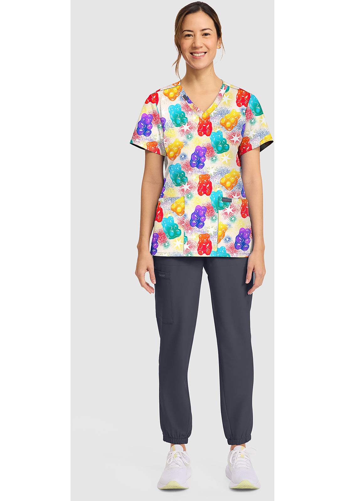 Genuine CK856 Women's Print V-Neck Scrub Top Beary Rainbow