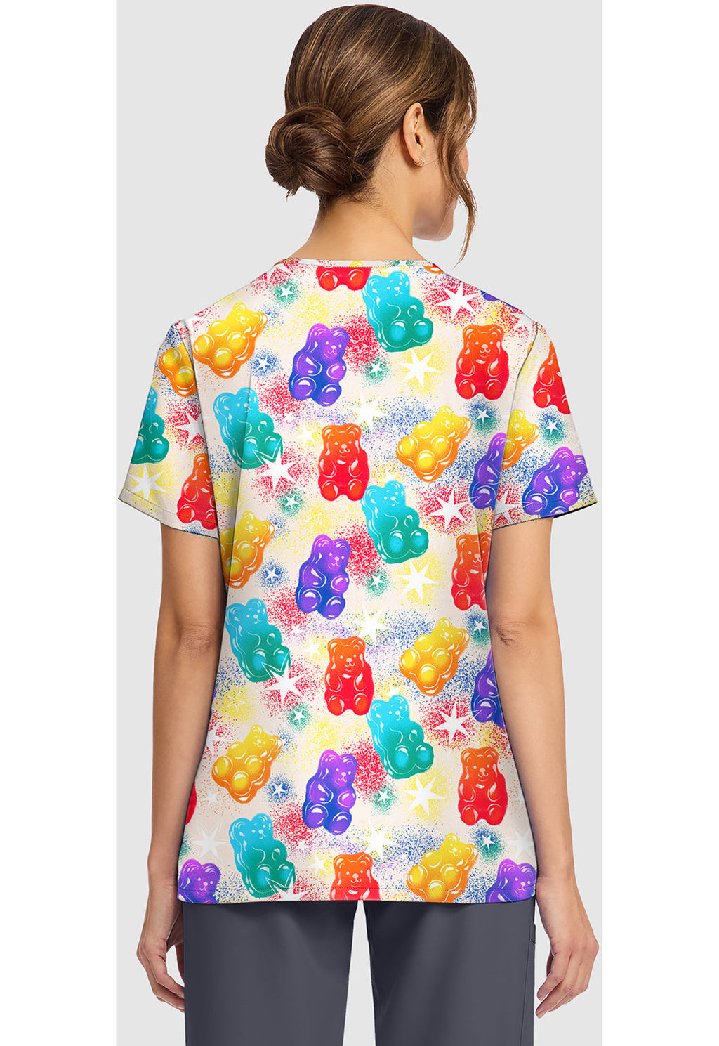 Genuine CK856 Women's Print V-Neck Scrub Top Beary Rainbow