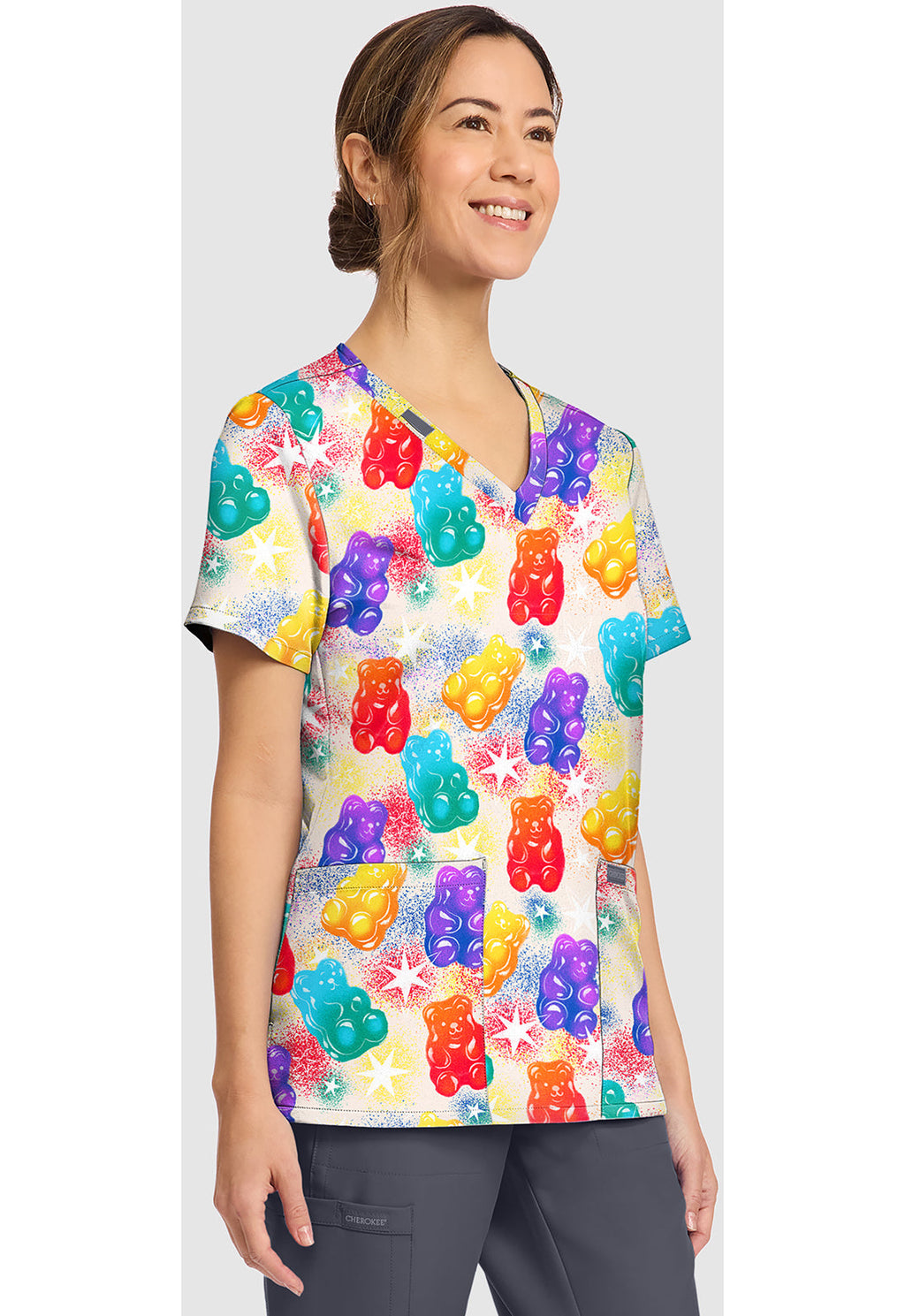Genuine CK856 Women's Print V-Neck Scrub Top Beary Rainbow