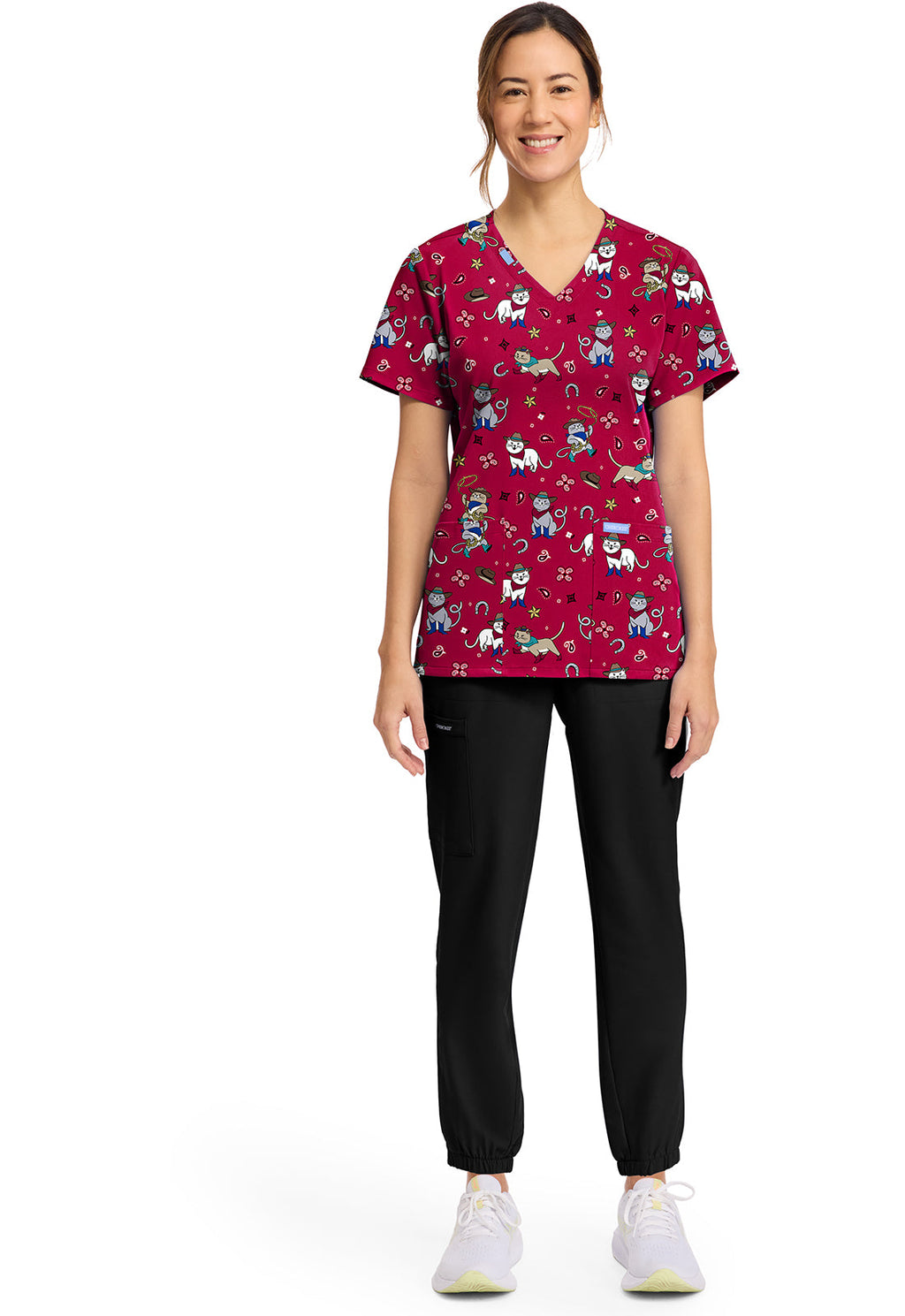 Cherokee Prints CK856 Women's Print V-Neck Top Cowgirl Kitty