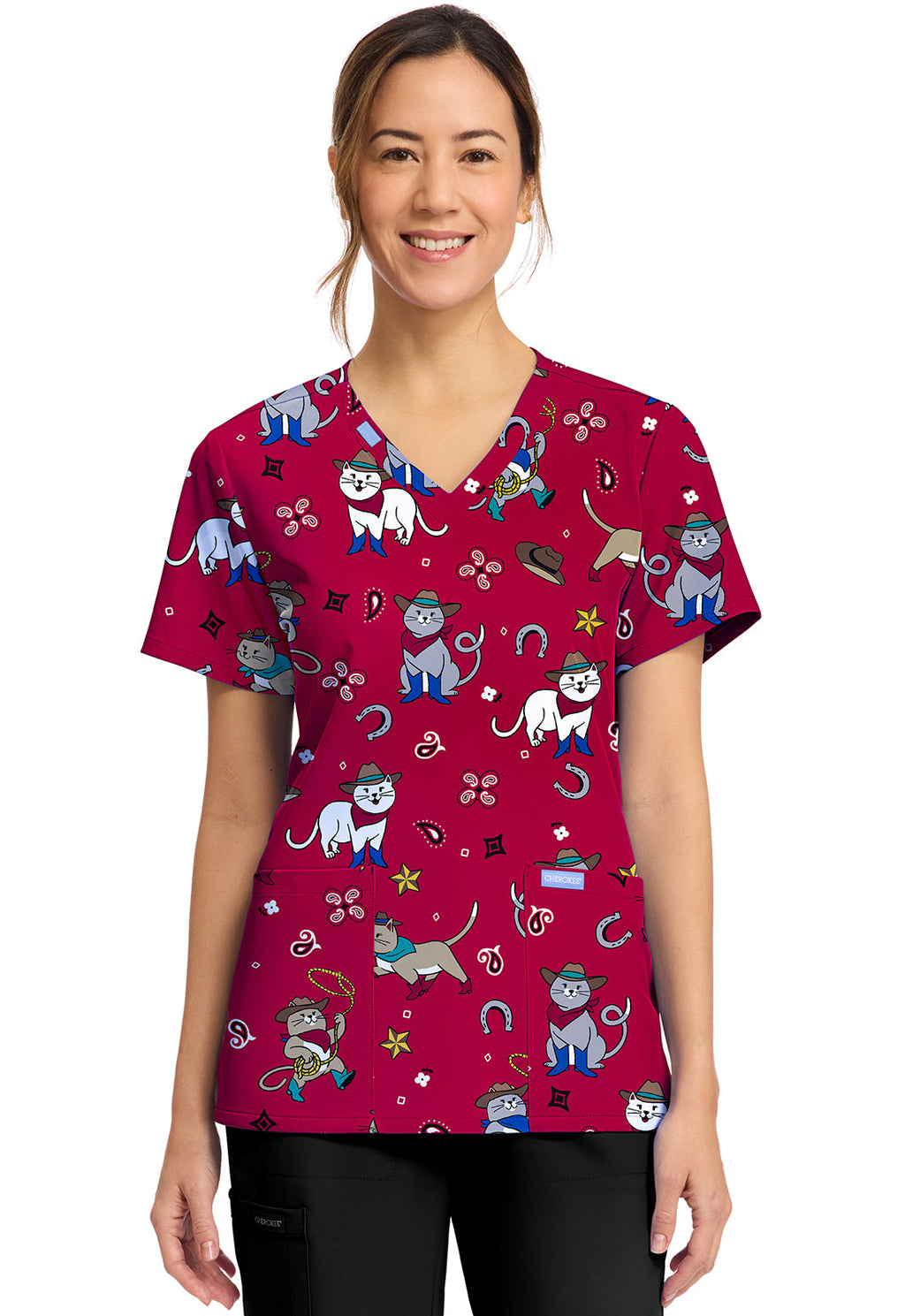 Cherokee Prints CK856 Women's Print V-Neck Top Cowgirl Kitty