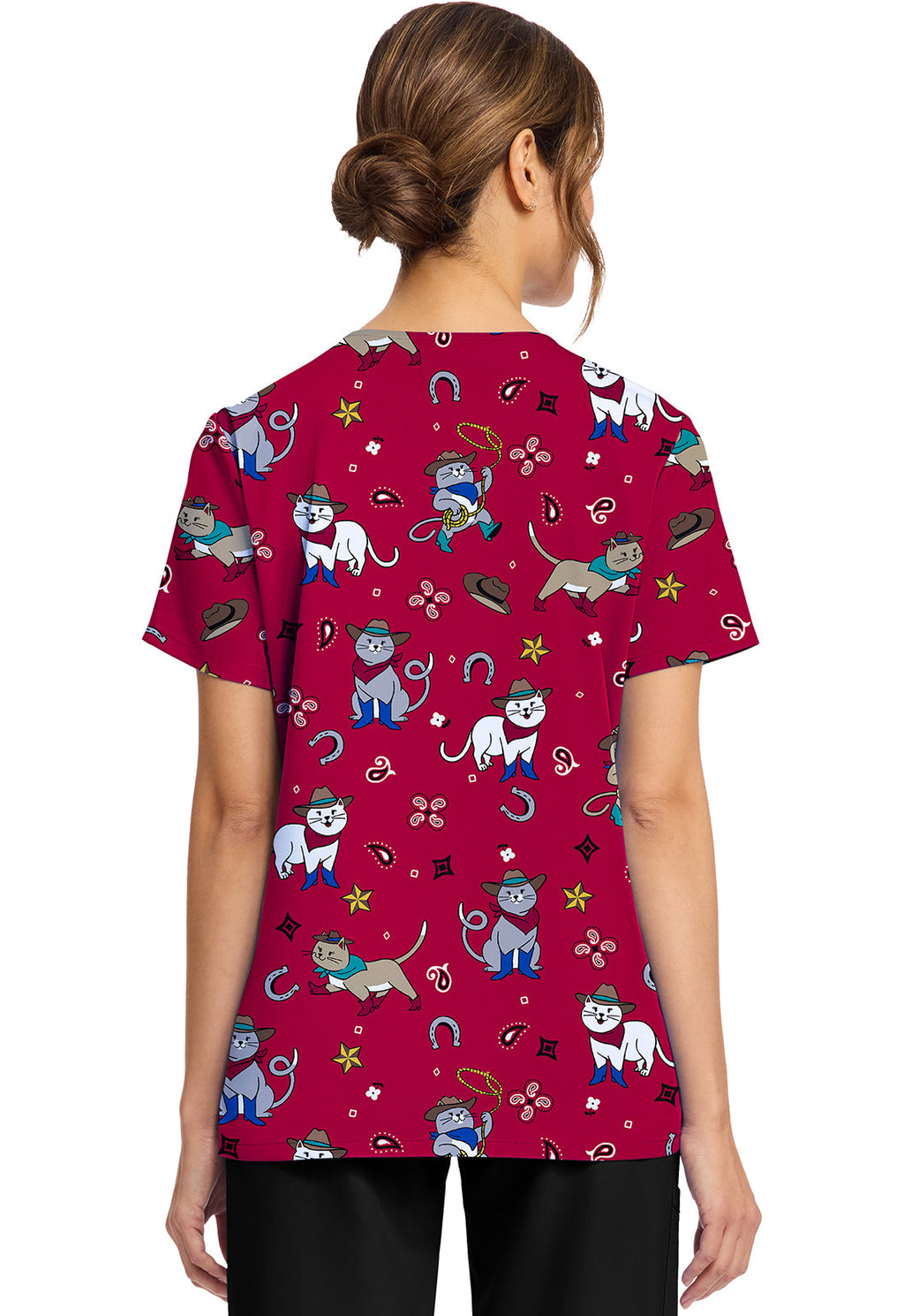 Cherokee Prints CK856 Women's Print V-Neck Top Cowgirl Kitty