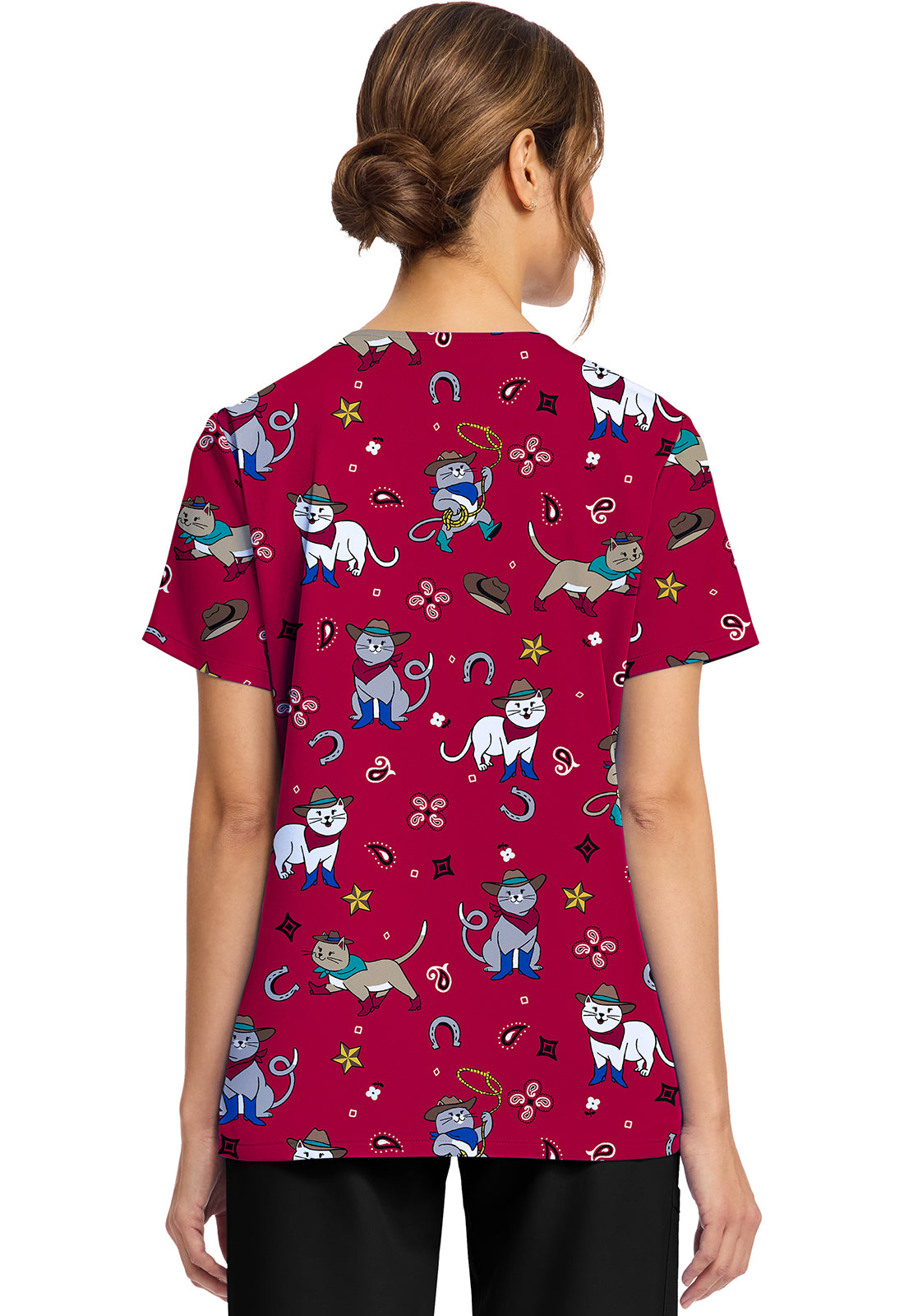 Cherokee Prints CK856 Women's Print V-Neck Top Cowgirl Kitty