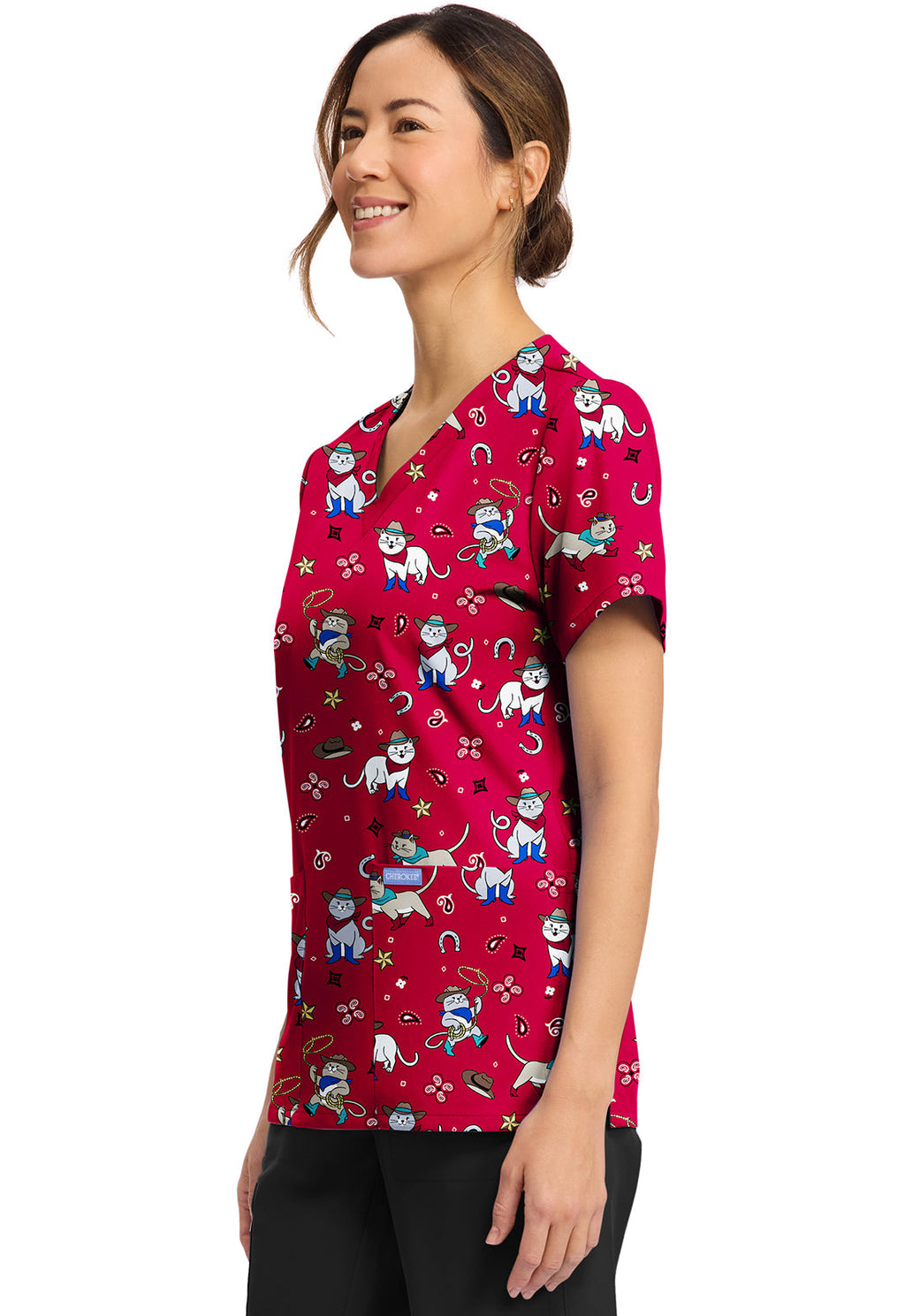 Cherokee Prints CK856 Women's Print V-Neck Top Cowgirl Kitty