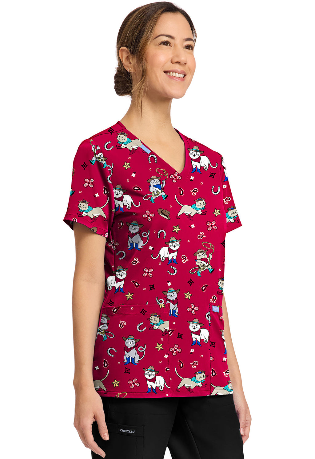 Cherokee Prints CK856 Women's Print V-Neck Top Cowgirl Kitty