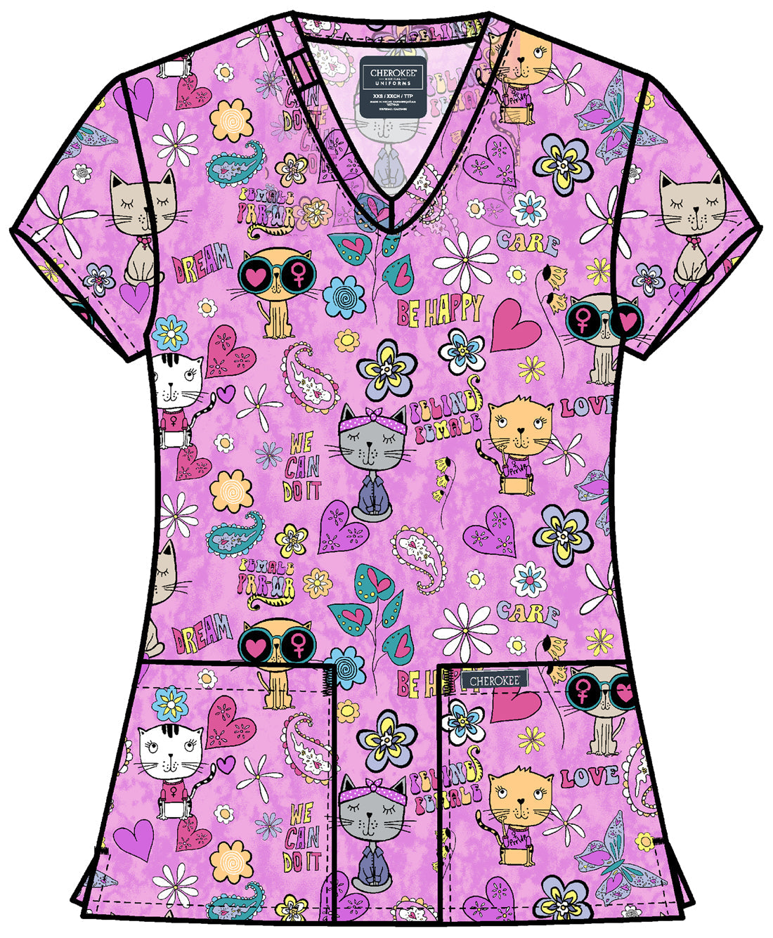 Genuine CK856 Women's Print V-Neck Top Feline Female Model Image Front | Cherokee