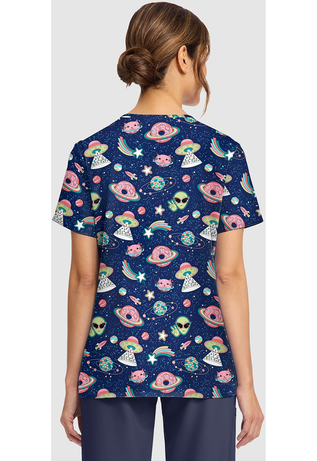 Genuine CK856 Women's Print V-Neck Scrub Top Groovy Galaxy