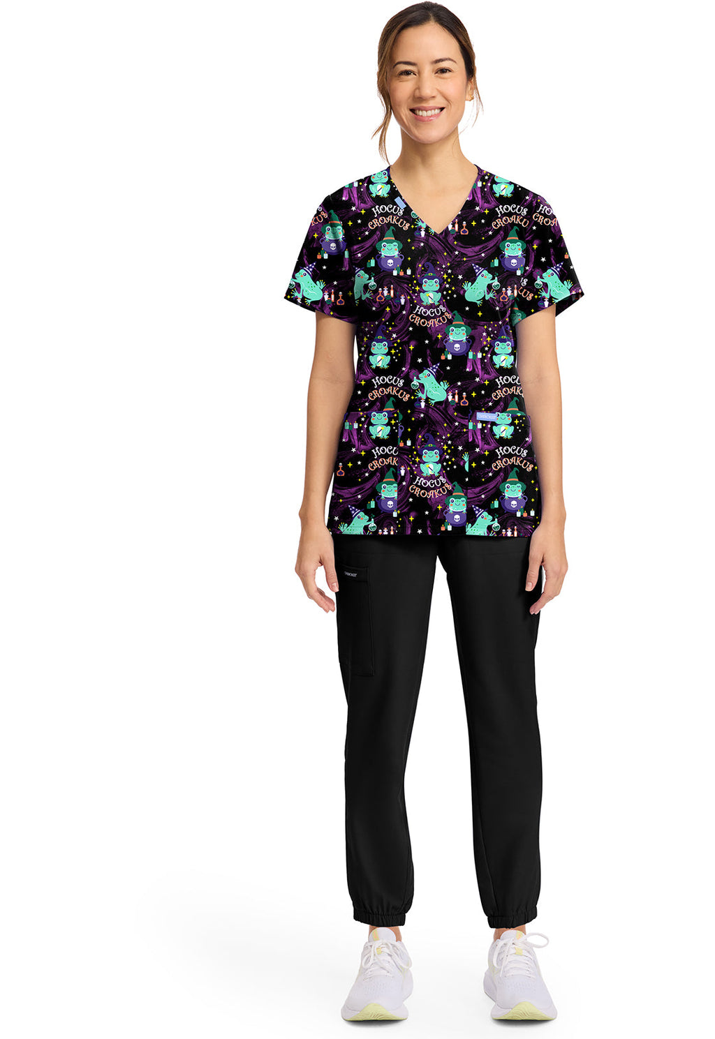 Cherokee Prints CK856 Women's Print V-Neck Top Hocus Croakus