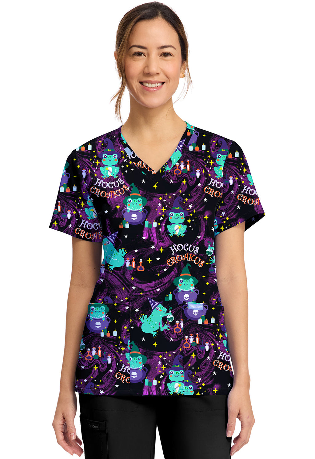 Cherokee Prints CK856 Women's Print V-Neck Top Hocus Croakus