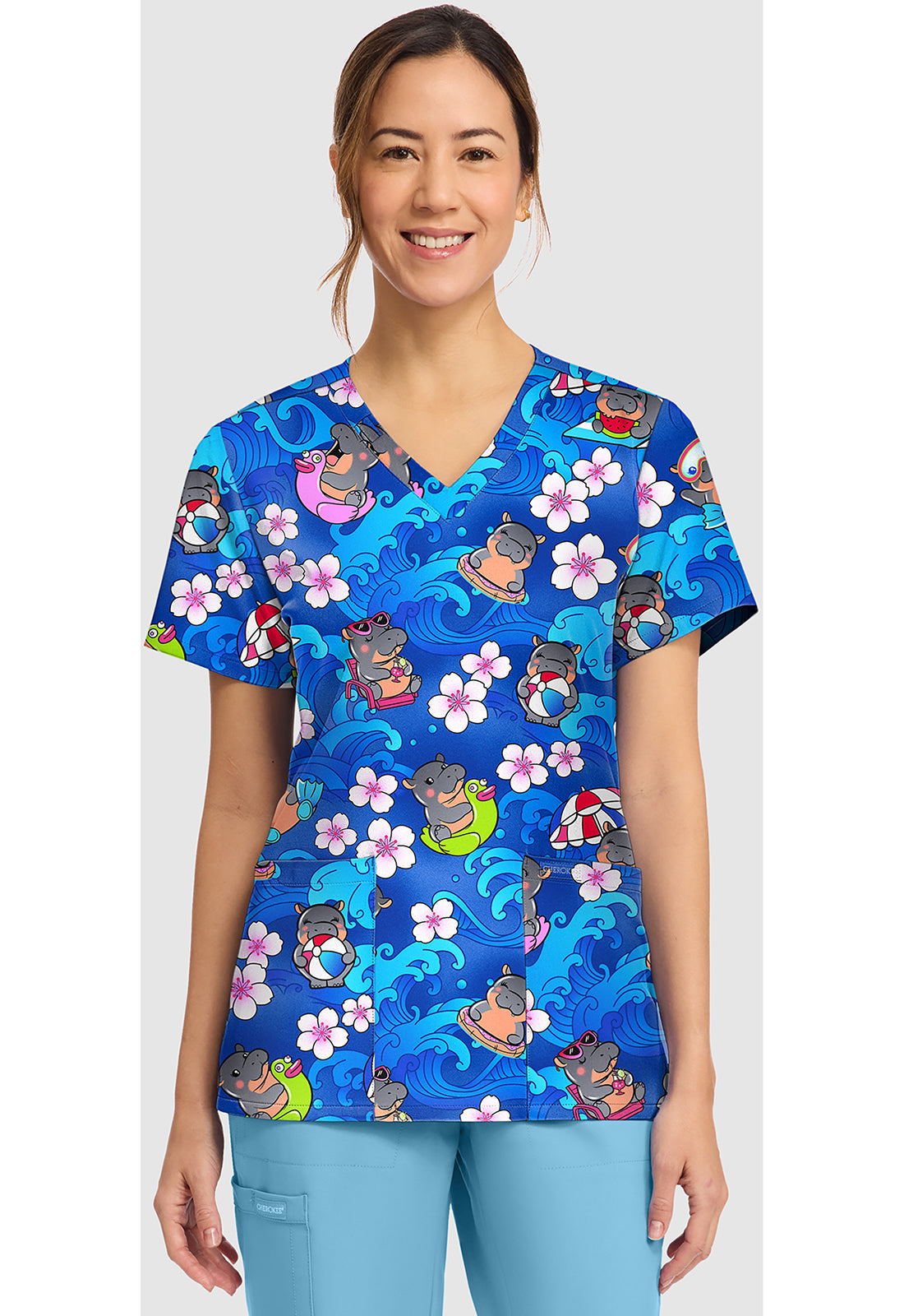 Genuine CK856 Women's Print V-Neck Scrub Top Hippo Water Mus