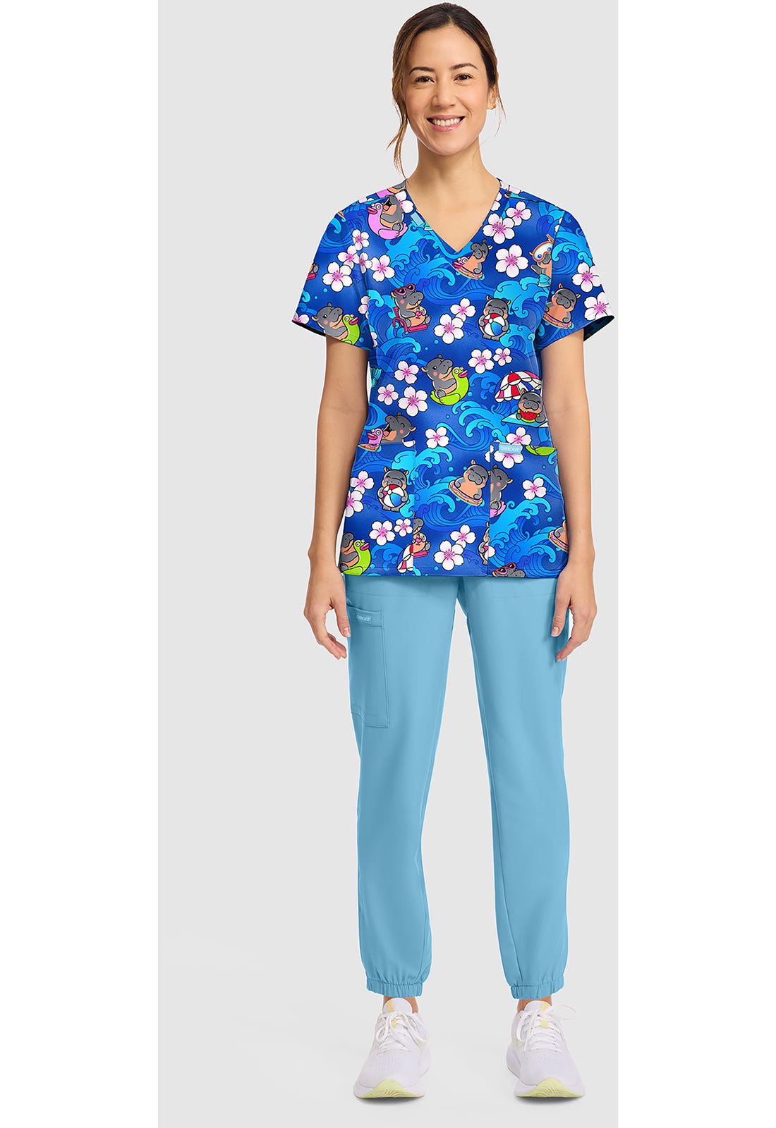 Genuine CK856 Women's Print V-Neck Scrub Top Hippo Water Mus