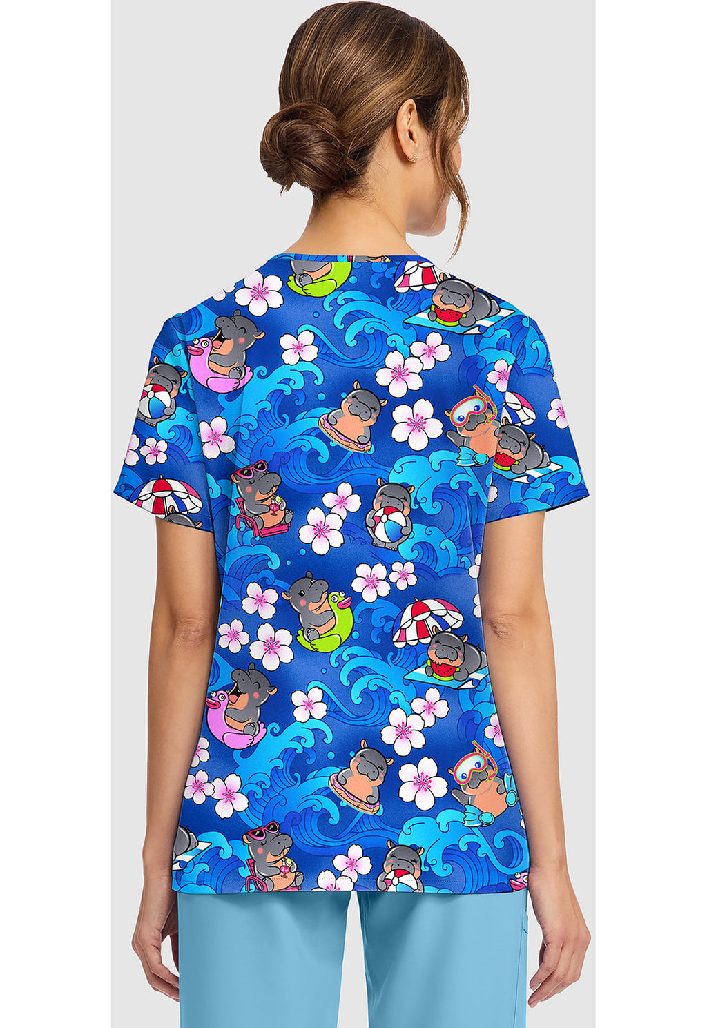 Genuine CK856 Women's Print V-Neck Scrub Top Hippo Water Mus