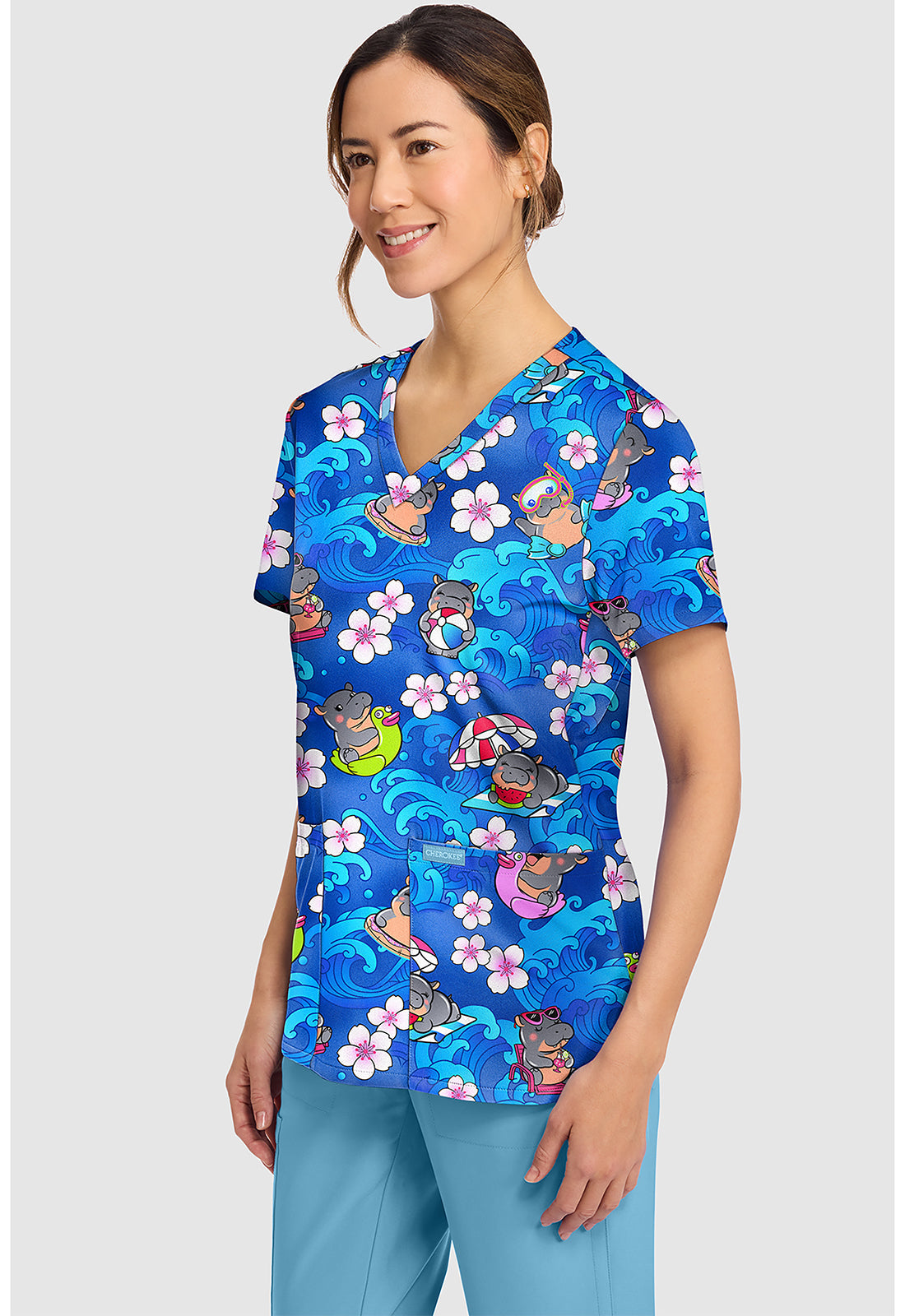 Genuine CK856 Women's Print V-Neck Scrub Top Hippo Water Mus