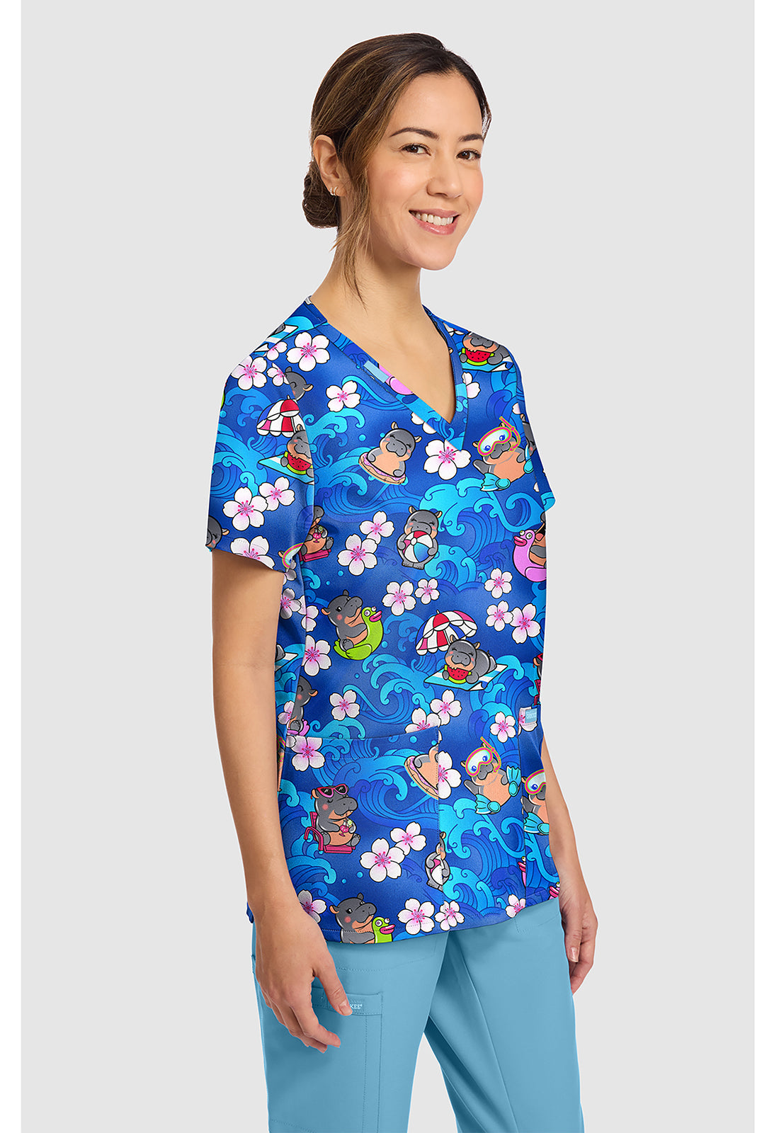 Genuine CK856 Women's Print V-Neck Scrub Top Hippo Water Mus