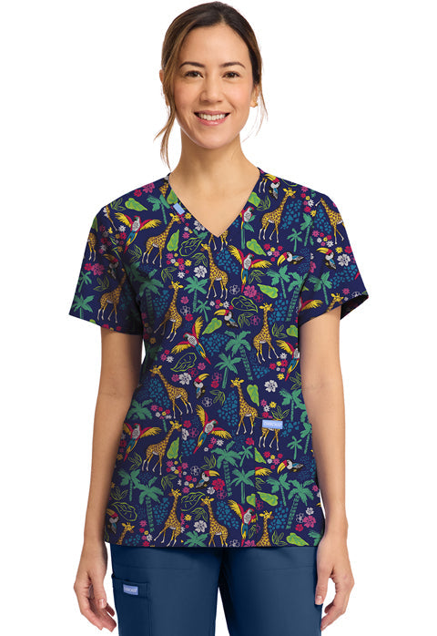 Cherokee Prints CK856 Women's Print V-Neck Top Jungle Jive