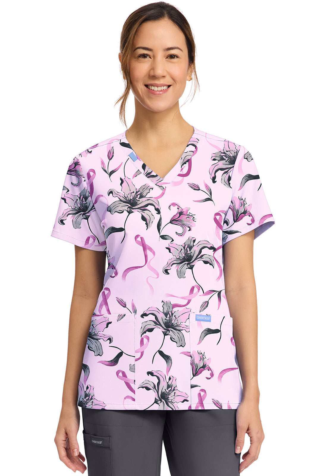 Cherokee Prints CK856 Women's Print V-Neck Top Loving Lilies