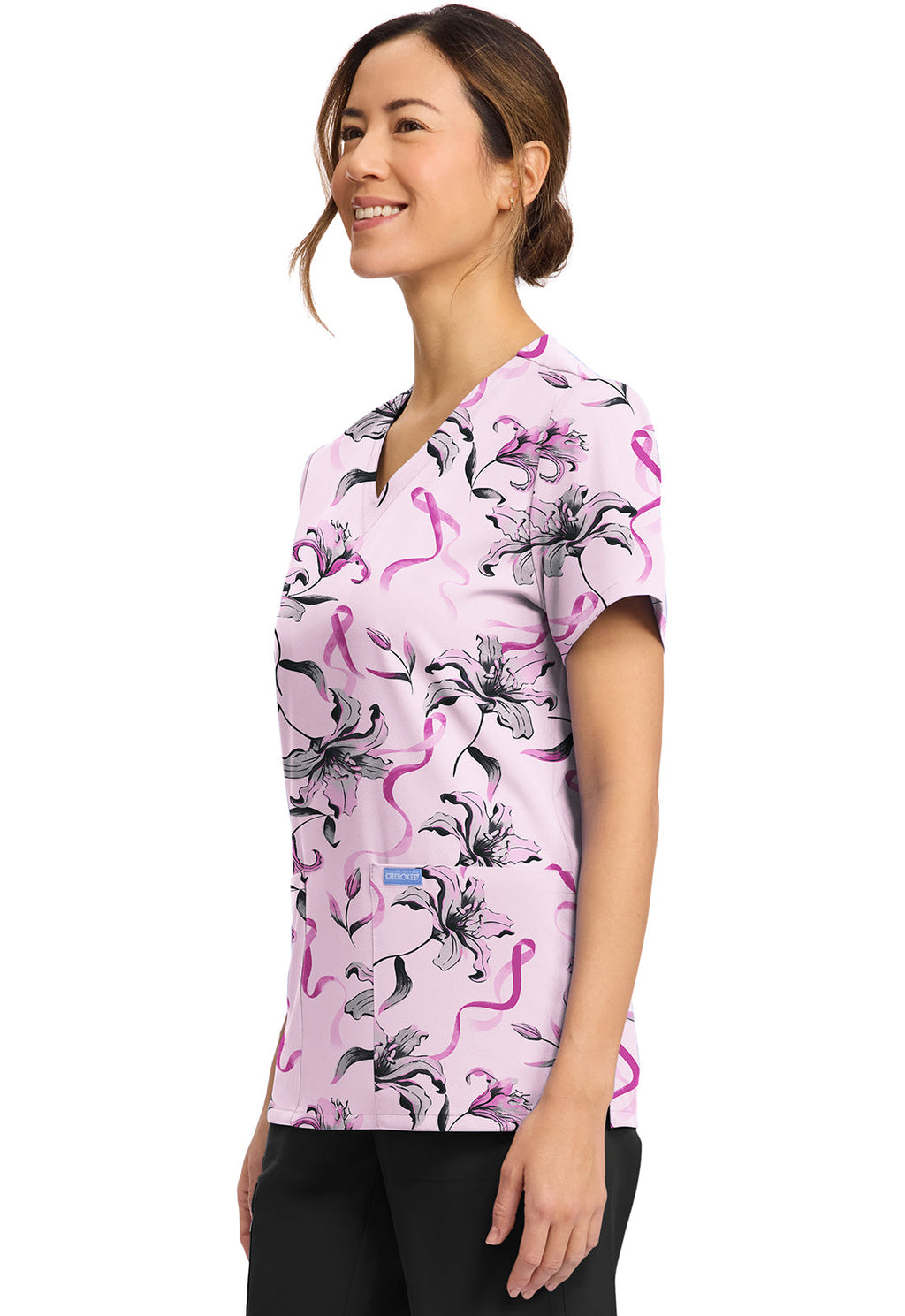 Cherokee Prints CK856 Women's Print V-Neck Top Loving Lilies