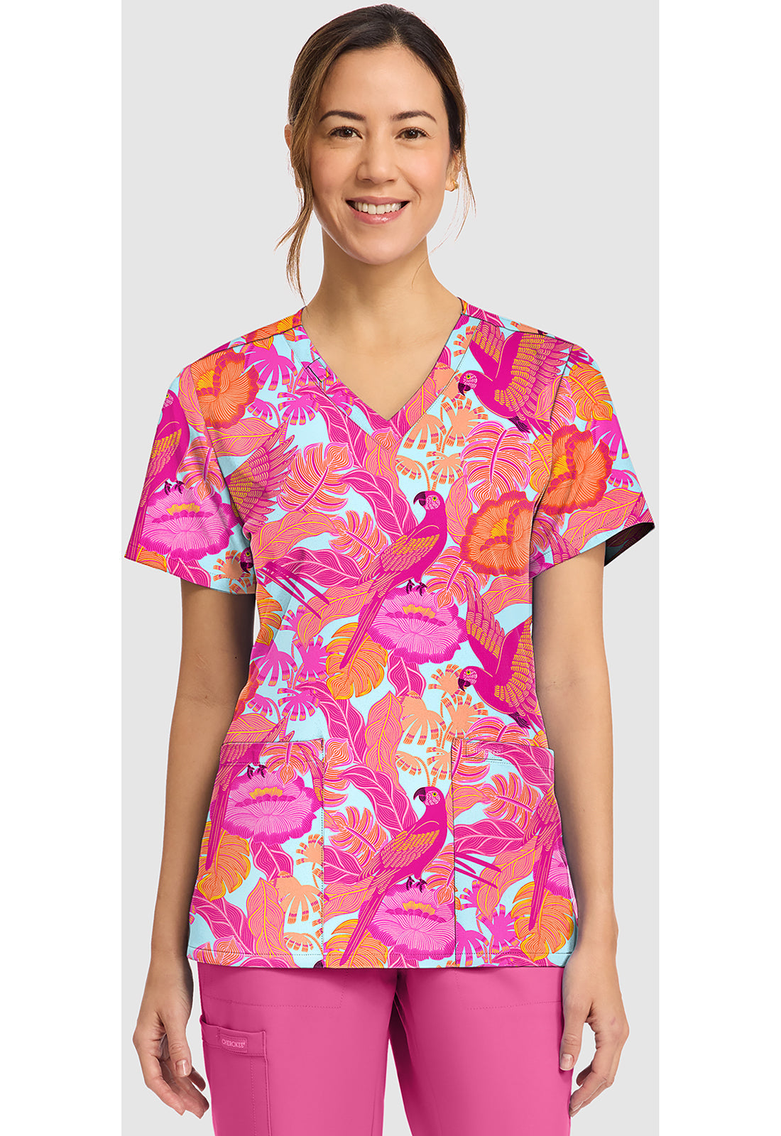 Genuine CK856 Women's Print V-Neck Scrub Top Macaw Mania