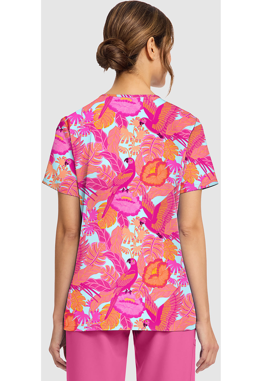 Genuine CK856 Women's Print V-Neck Scrub Top Macaw Mania