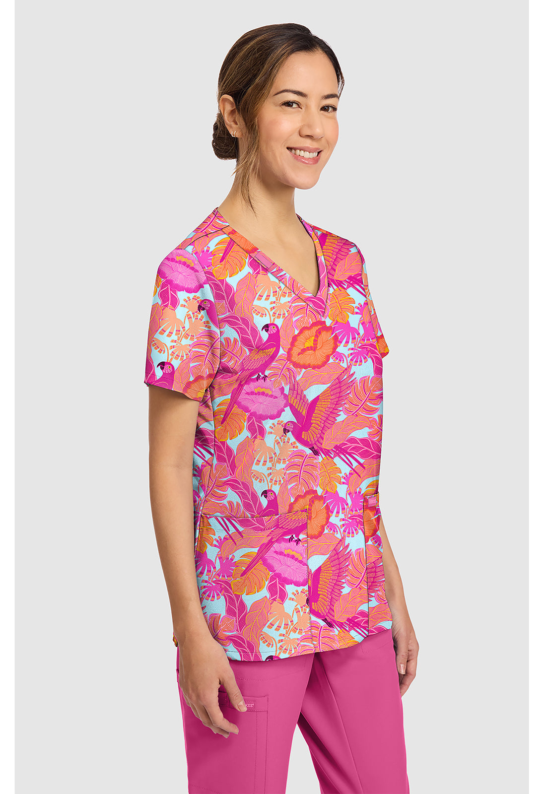 Genuine CK856 Women's Print V-Neck Scrub Top Macaw Mania