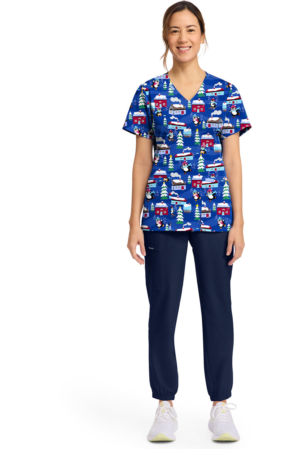 Cherokee Prints CK856 Women's Print V-Neck Top Penguins Playing
