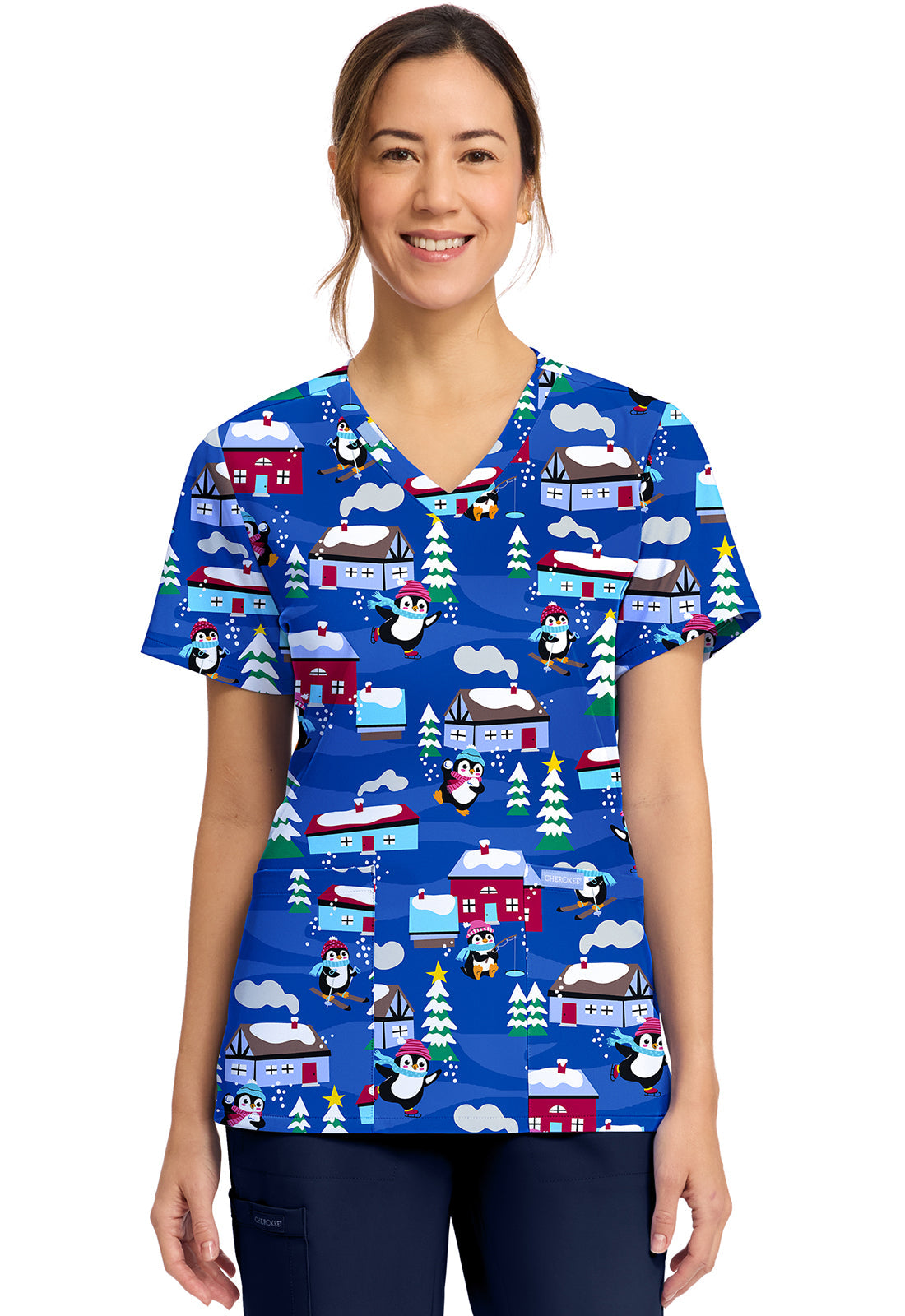 Cherokee Prints CK856 Women's Print V-Neck Top Penguins Playing