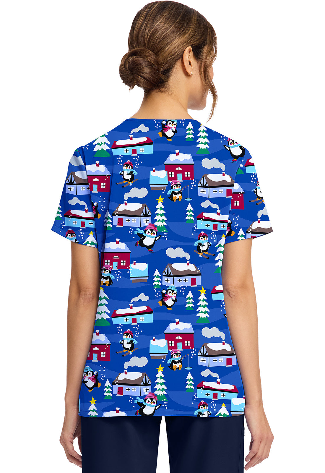 Cherokee Prints CK856 Women's Print V-Neck Top Penguins Playing