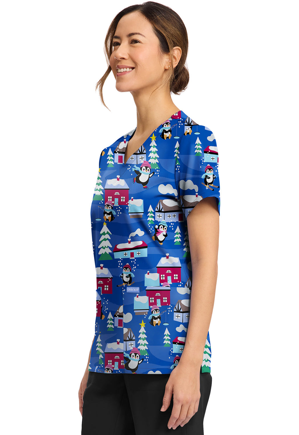 Cherokee Prints CK856 Women's Print V-Neck Top Penguins Playing