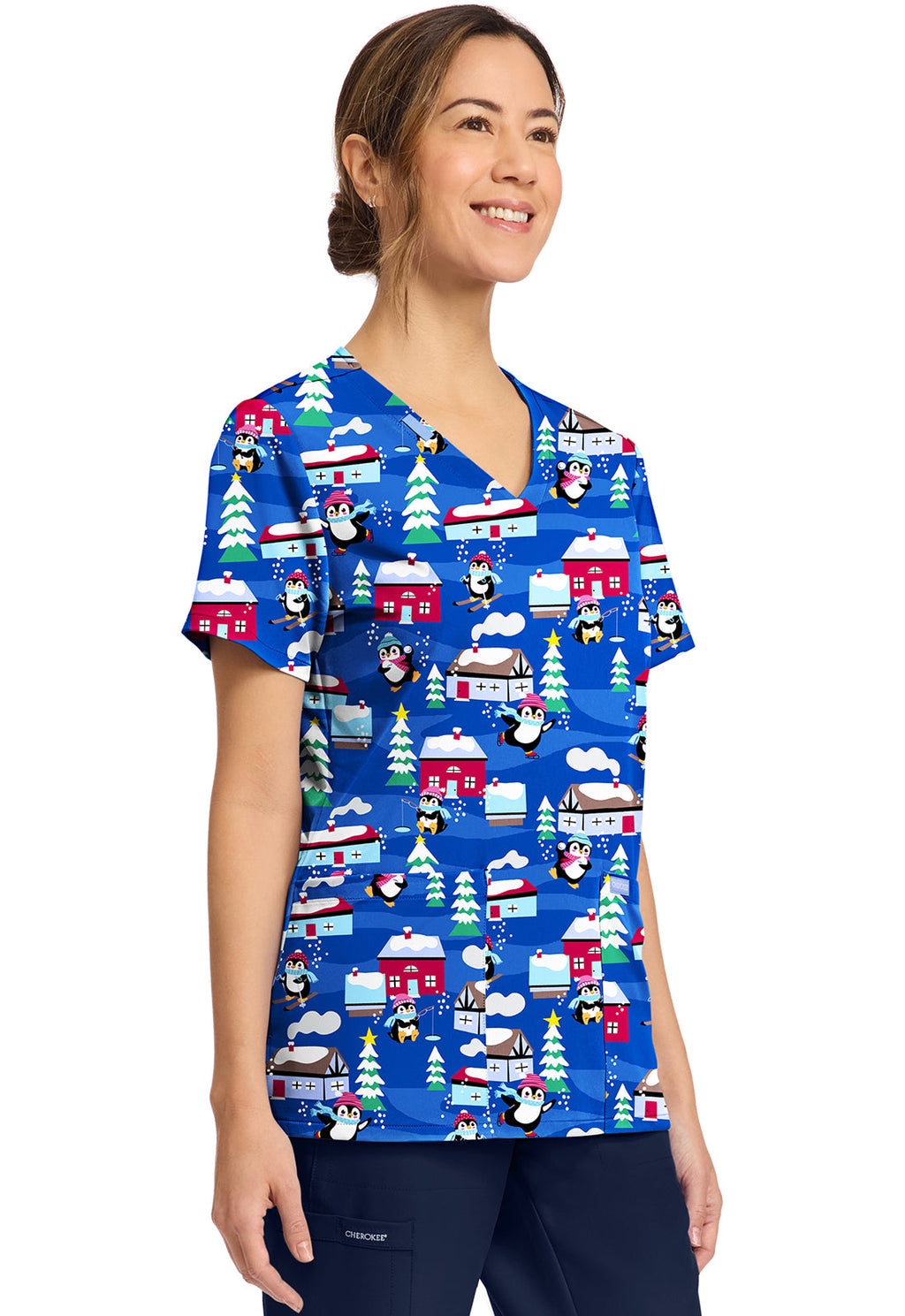 Cherokee Prints CK856 Women's Print V-Neck Top Penguins Playing