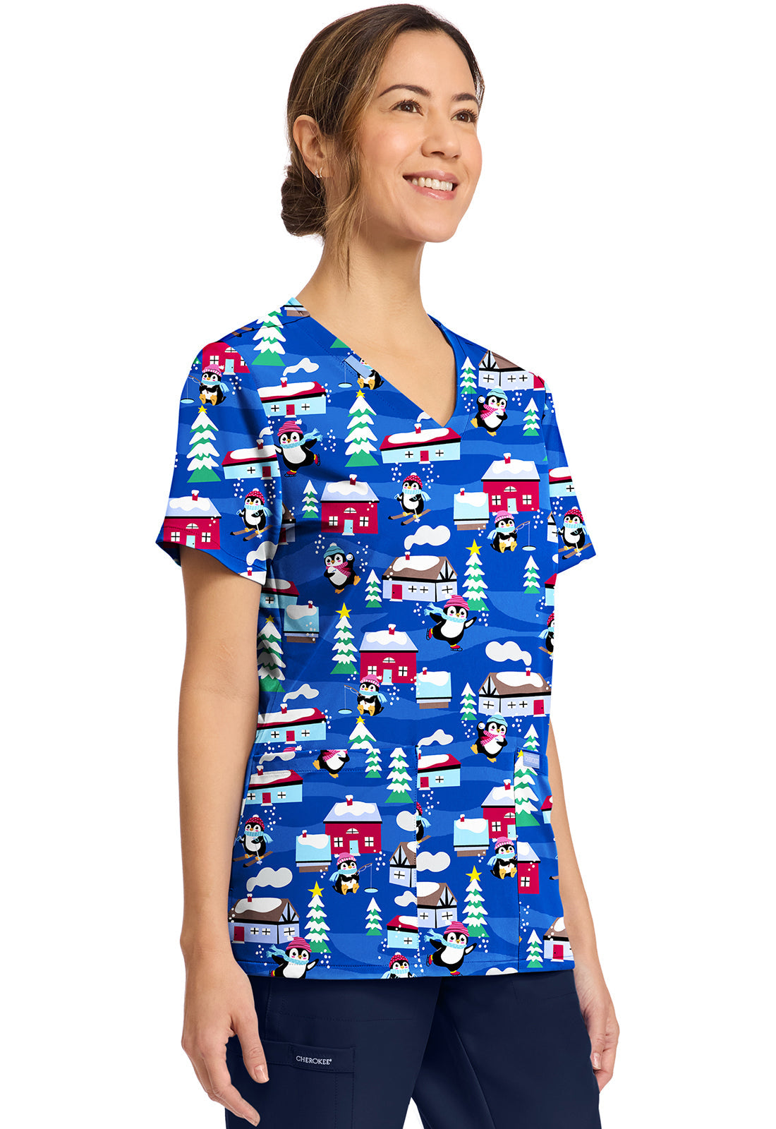 Cherokee Prints CK856 Women's Print V-Neck Top Penguins Playing