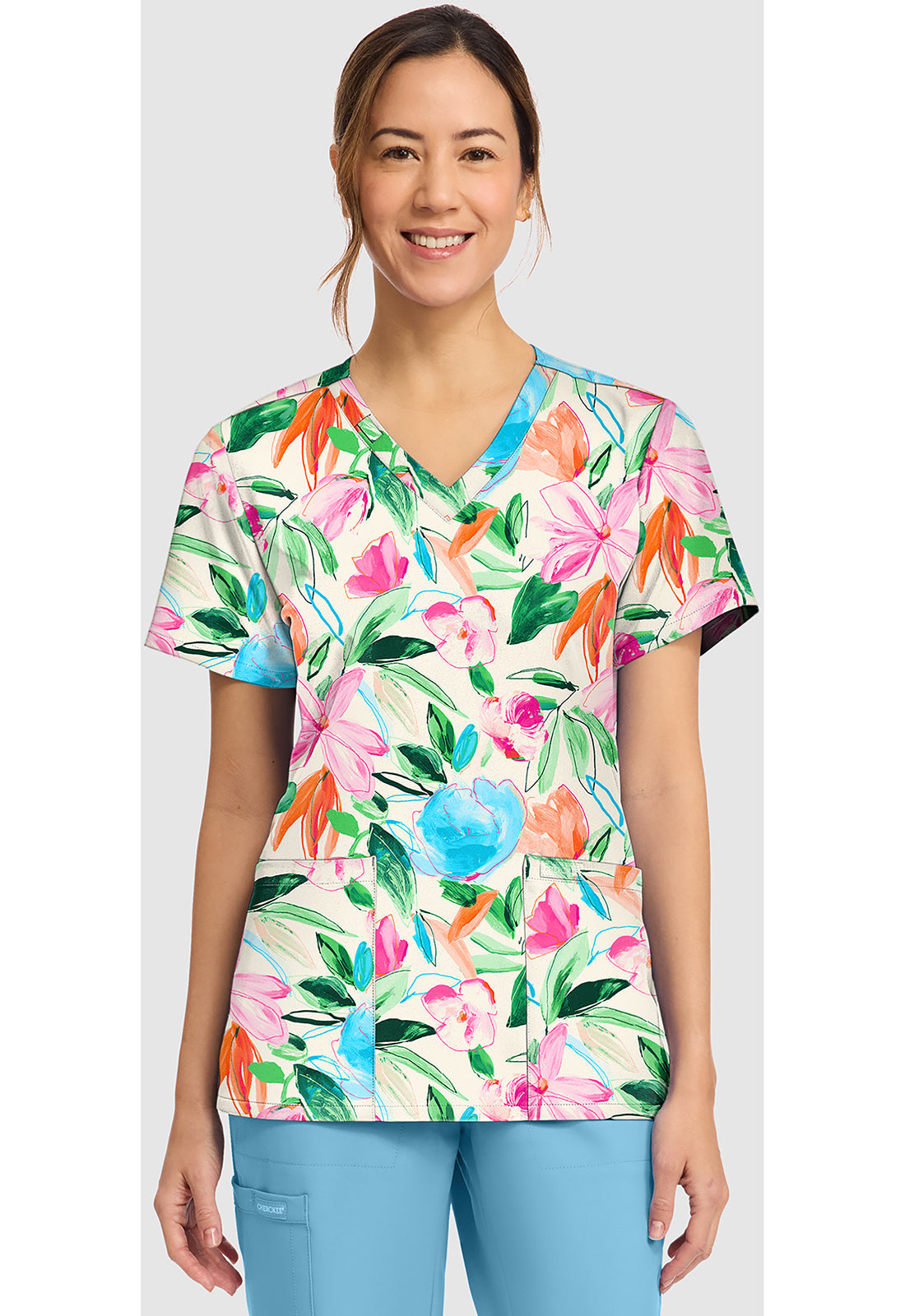 Genuine CK856 Women's Print V-Neck Scrub Top Painterly Floral