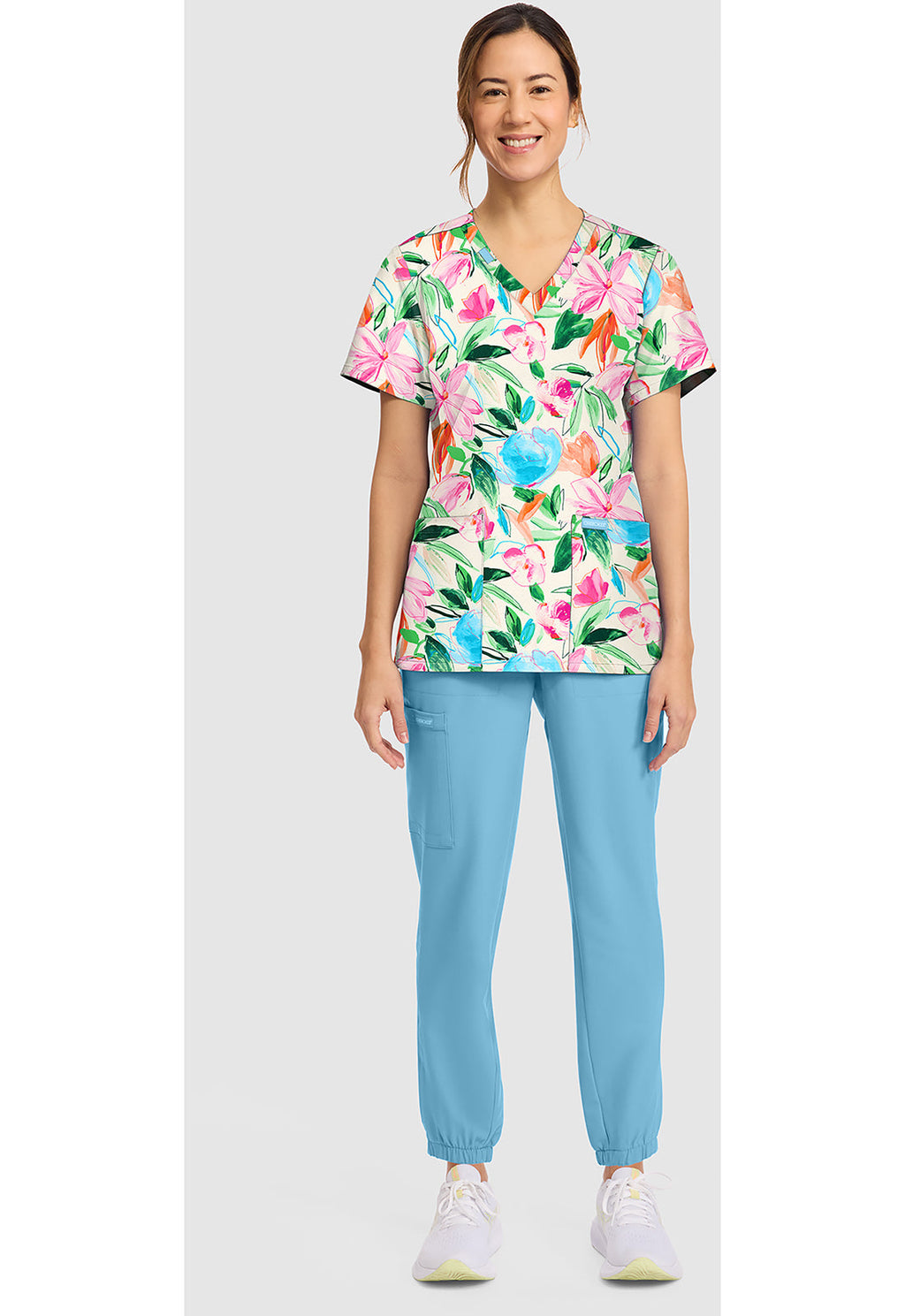 Genuine CK856 Women's Print V-Neck Scrub Top Painterly Floral